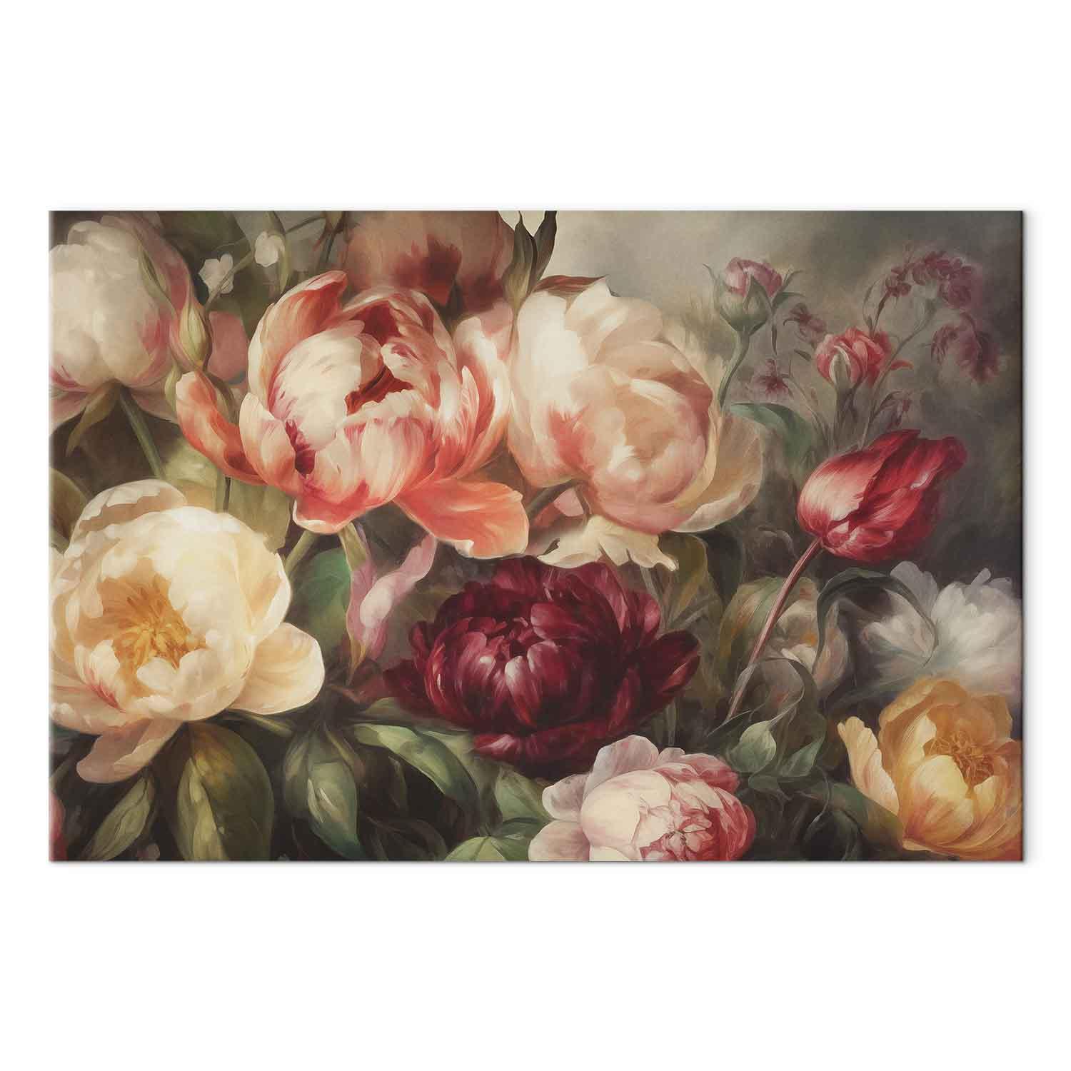 Lærredsbillede med blomster - Karismatiske pæoner vægbillede til stue og soveværelse - 120 x 80 cm - Akustisk