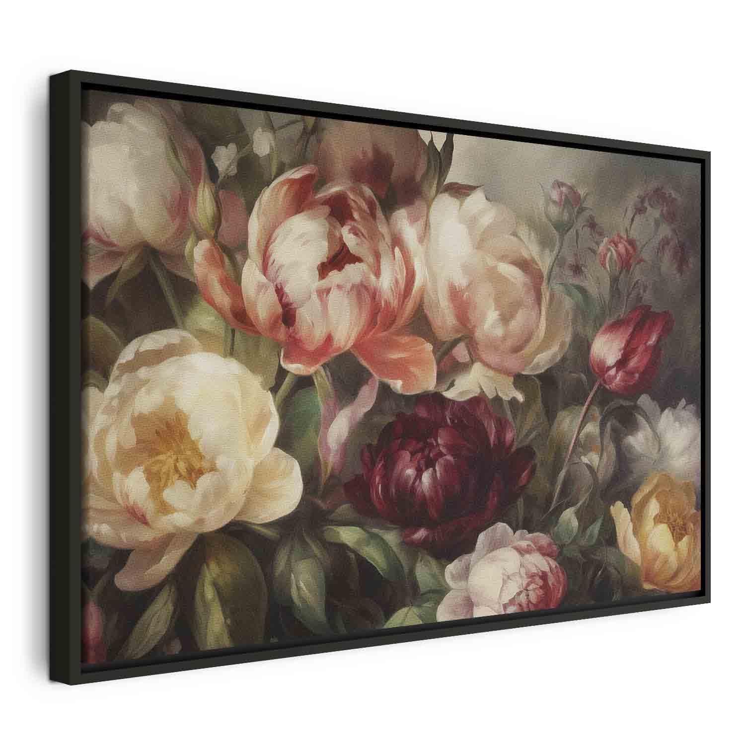 Lærredsbillede med blomster - Karismatiske pæoner vægbillede til stue og soveværelse - 120 x 80 cm - I en sort træramme
