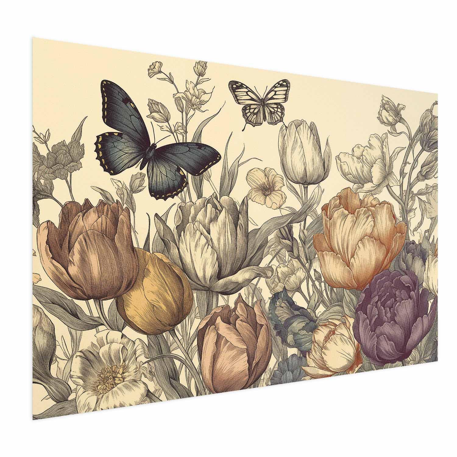 Blomsterplakat med farverige tulipaner på cremefarvet baggrund - dekorativ vægplakat til hjemmet - 30 x 21 cm - Uden ramme