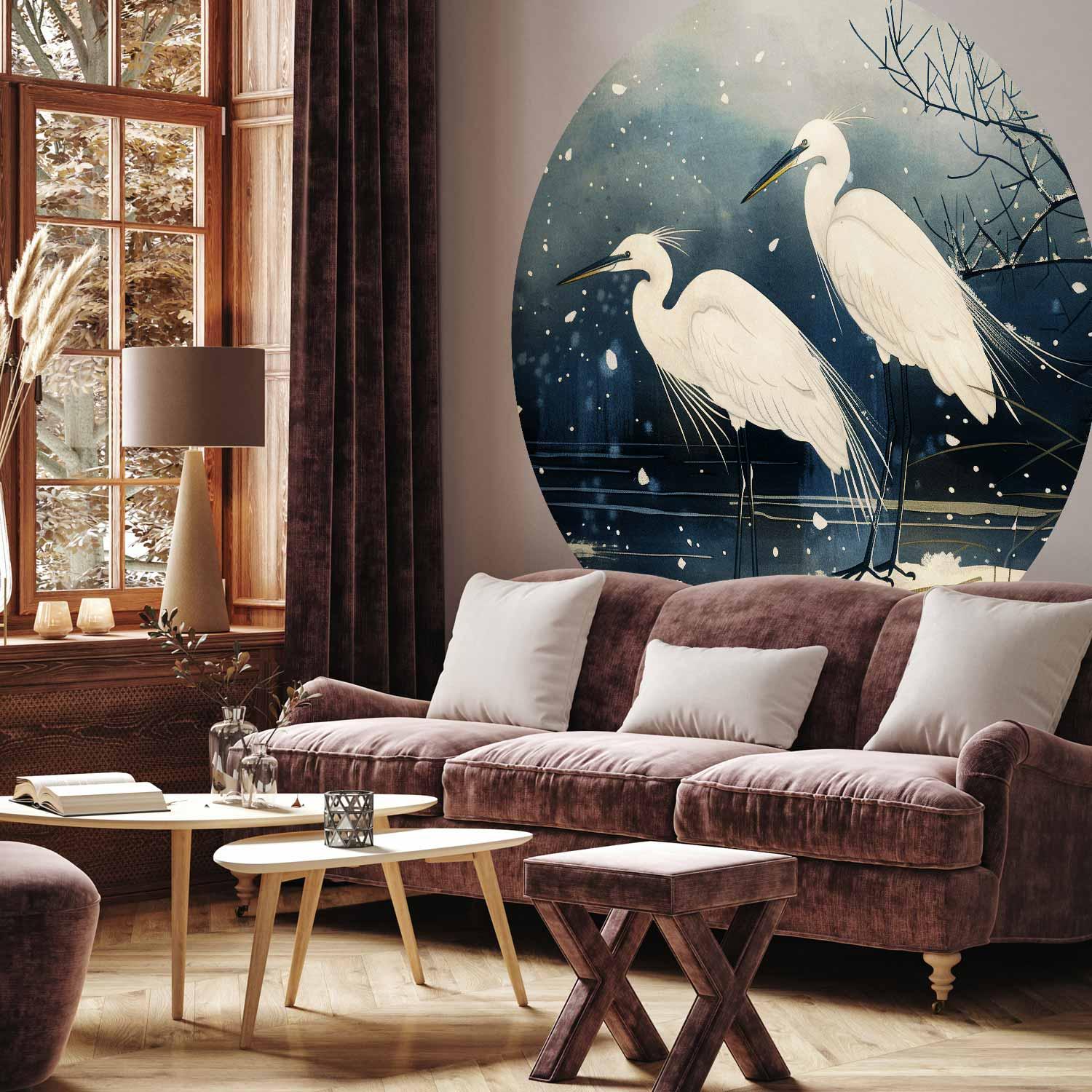 Rundt fototapet med hejrer over en vinterdam i japansk stil - 140 x 140 cm billede