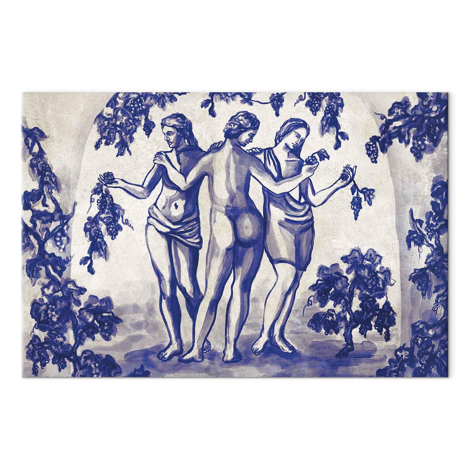 Lærredsbillede Ancient Vineyard - tre kvinder i en portal med blå blæk, vægdekoration - 30 x 20 cm - Akustisk