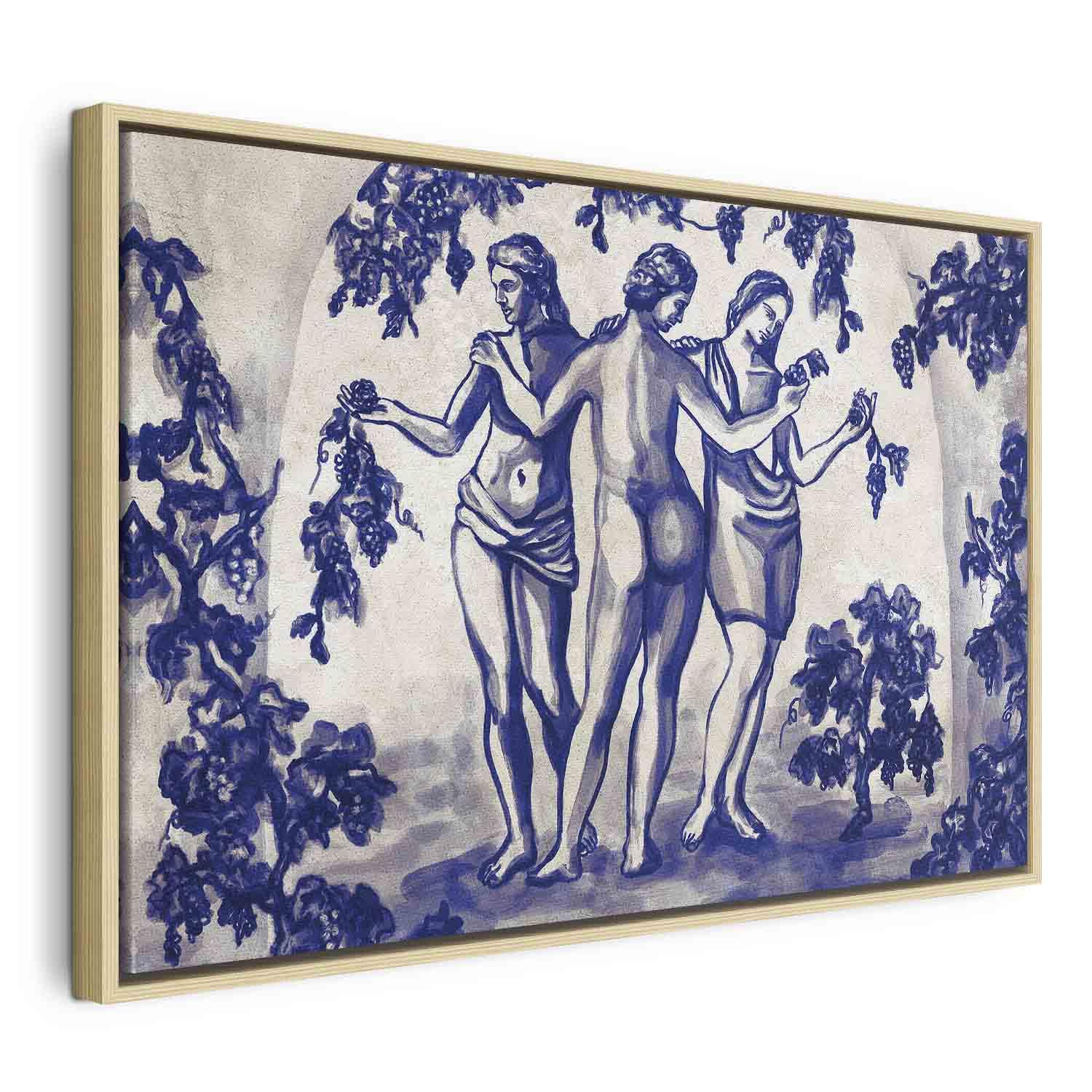Lærredsbillede Ancient Vineyard - tre kvinder i en portal med blå blæk, vægdekoration - 120 x 80 cm - I en naturlig træramme