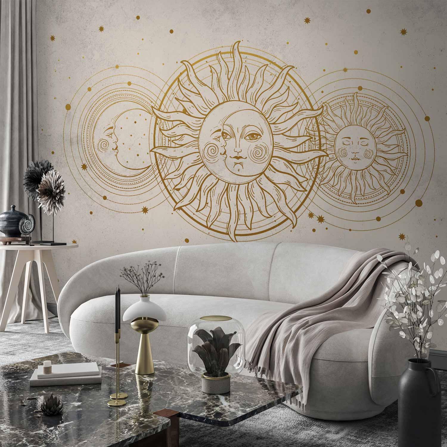 Fototapet Golden Sun and Moon - retro vægdekoration med sol- og månemotiv - 400 x 280 cm - Standard