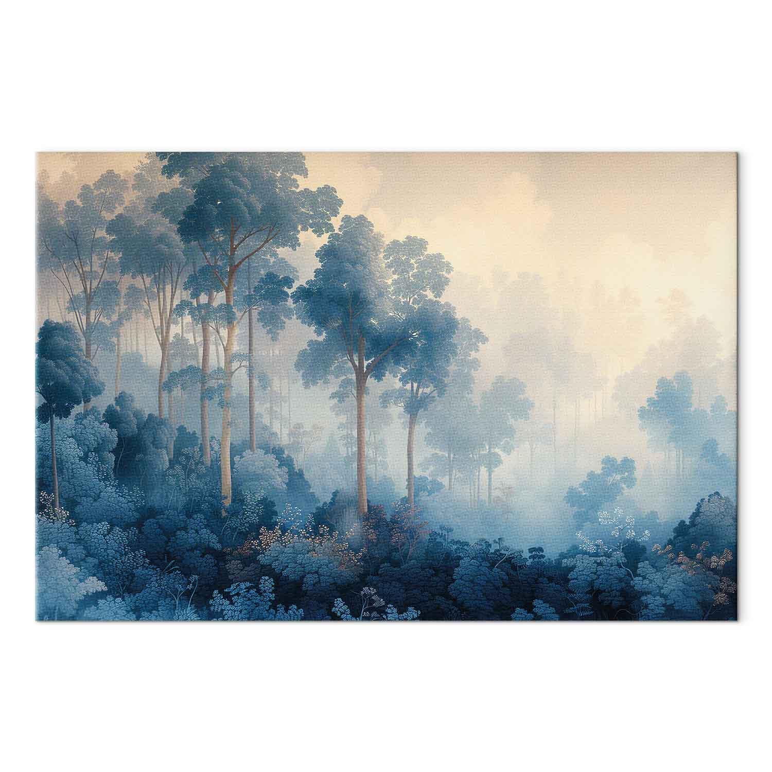Lærredsbillede med landskab og træer i illustrativ stil - Eventyrlig blå skov - 60 x 40 cm - Akustisk
