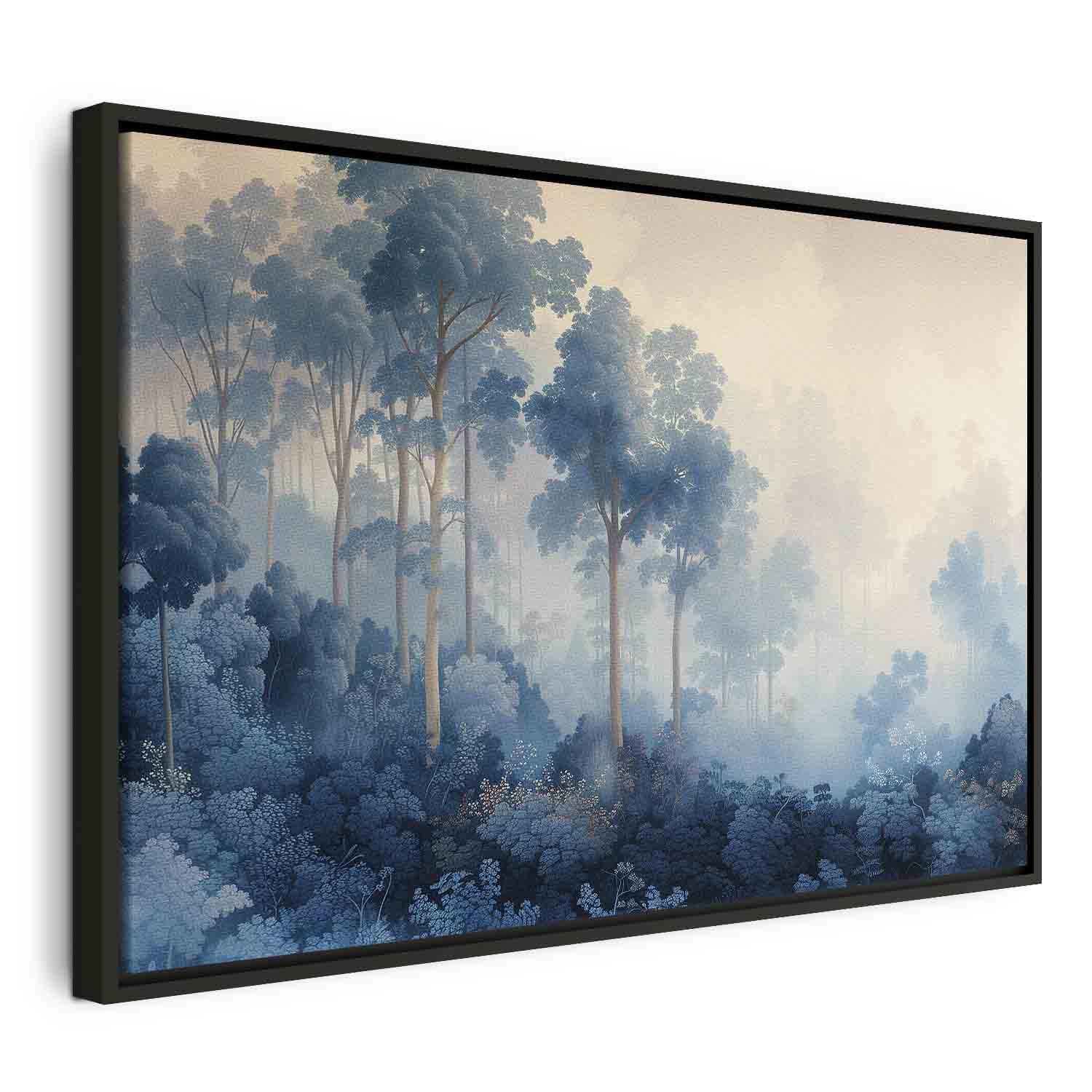 Lærredsbillede med landskab og træer i illustrativ stil - Eventyrlig blå skov - 60 x 40 cm - I en sort træramme