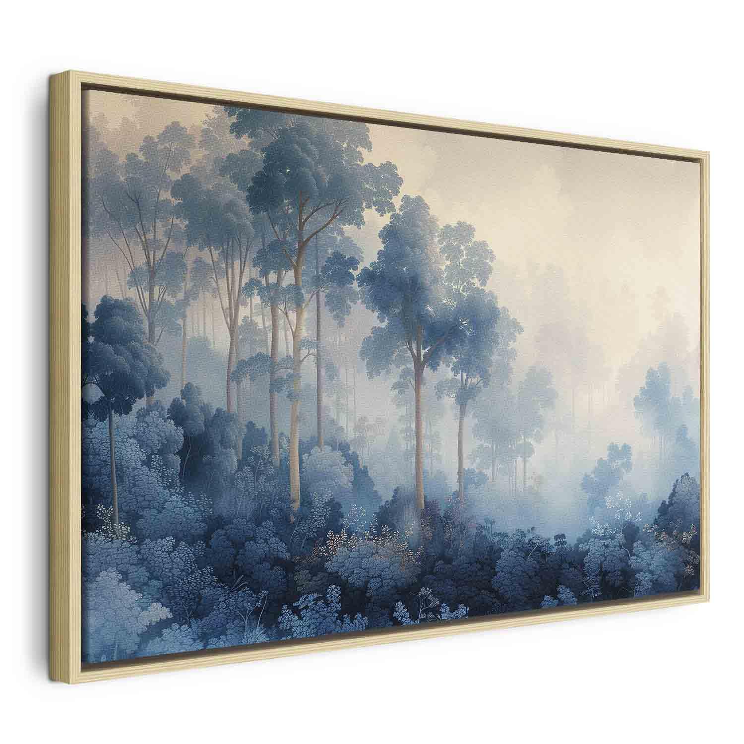 Lærredsbillede med landskab og træer i illustrativ stil - Eventyrlig blå skov - 60 x 40 cm - I en naturlig træramme