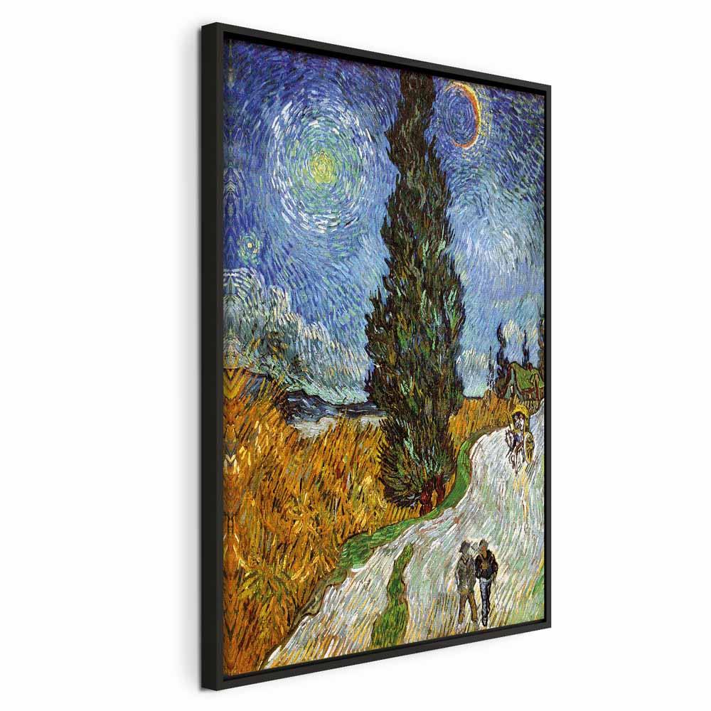 Vincent van Gogh billede på lærred - Vej med cypres og stjerne - 60 x 90 cm - I en sort træramme