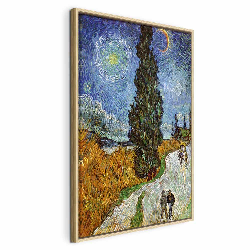Vincent van Gogh billede på lærred - Vej med cypres og stjerne - 80 x 120 cm - I en naturlig træramme