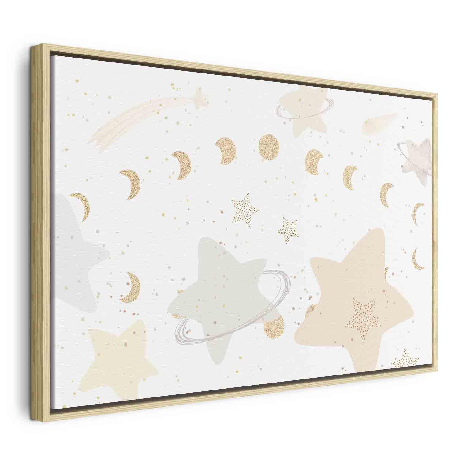 Billede på lærred til børn - Eventyrgalakse med månens faser i gule toner - 120 x 80 cm - I en naturlig træramme billede