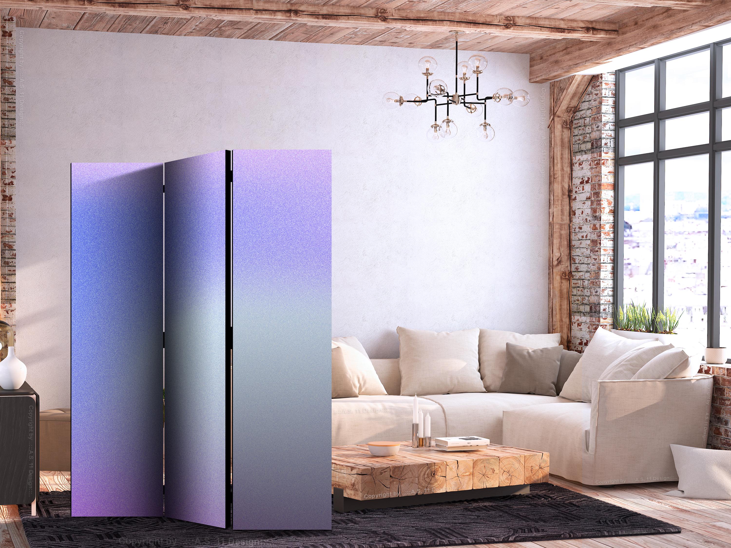 Skærmvæg Heather Mist - 3-panels rumdeler med violet gradient - 135 x 172 cm - Dobbeltsiddet billede
