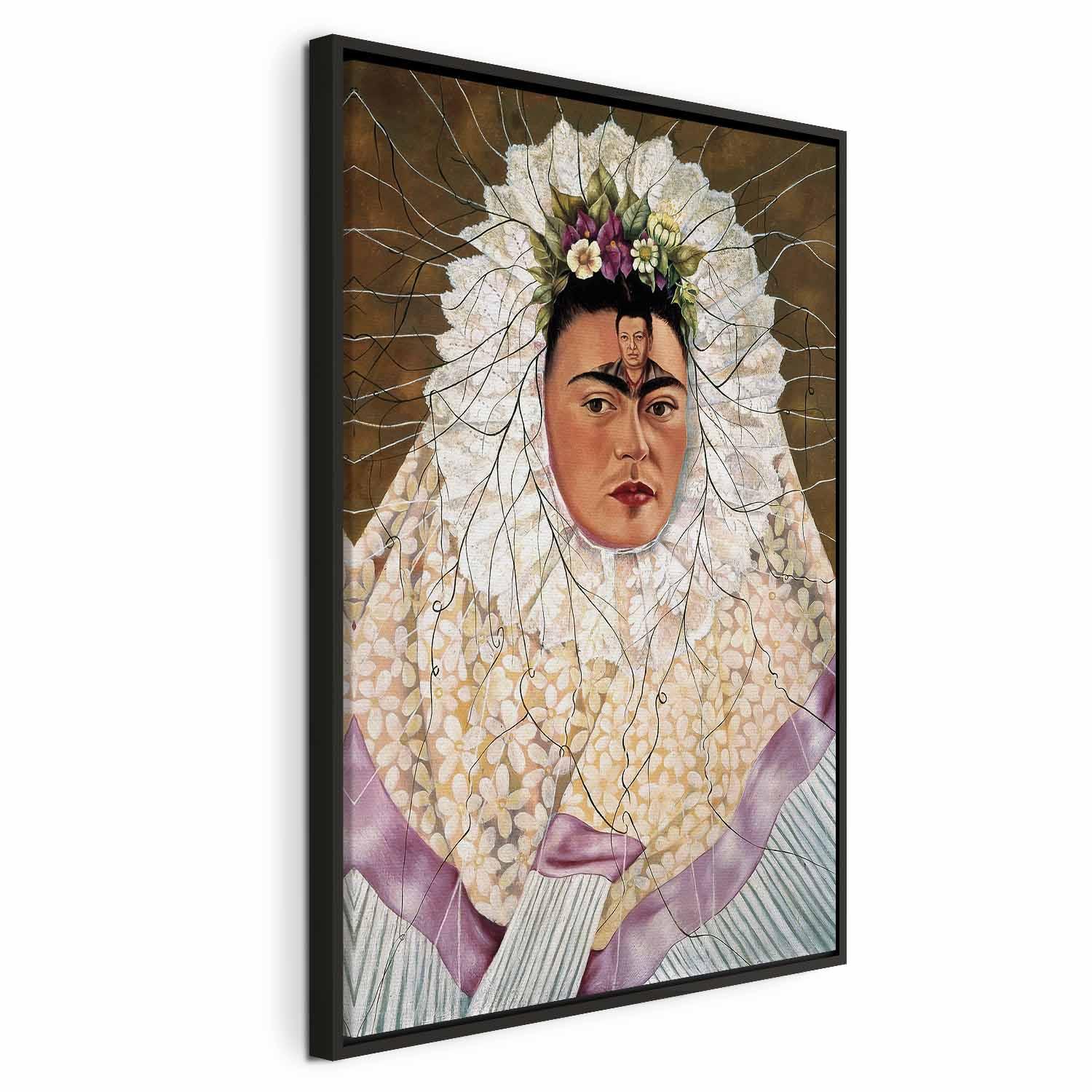 Lærredsbillede - Frida Kahlo - Selvportræt som tehuana - Diego i mine tanker - 40 x 60 cm - I en sort træramme