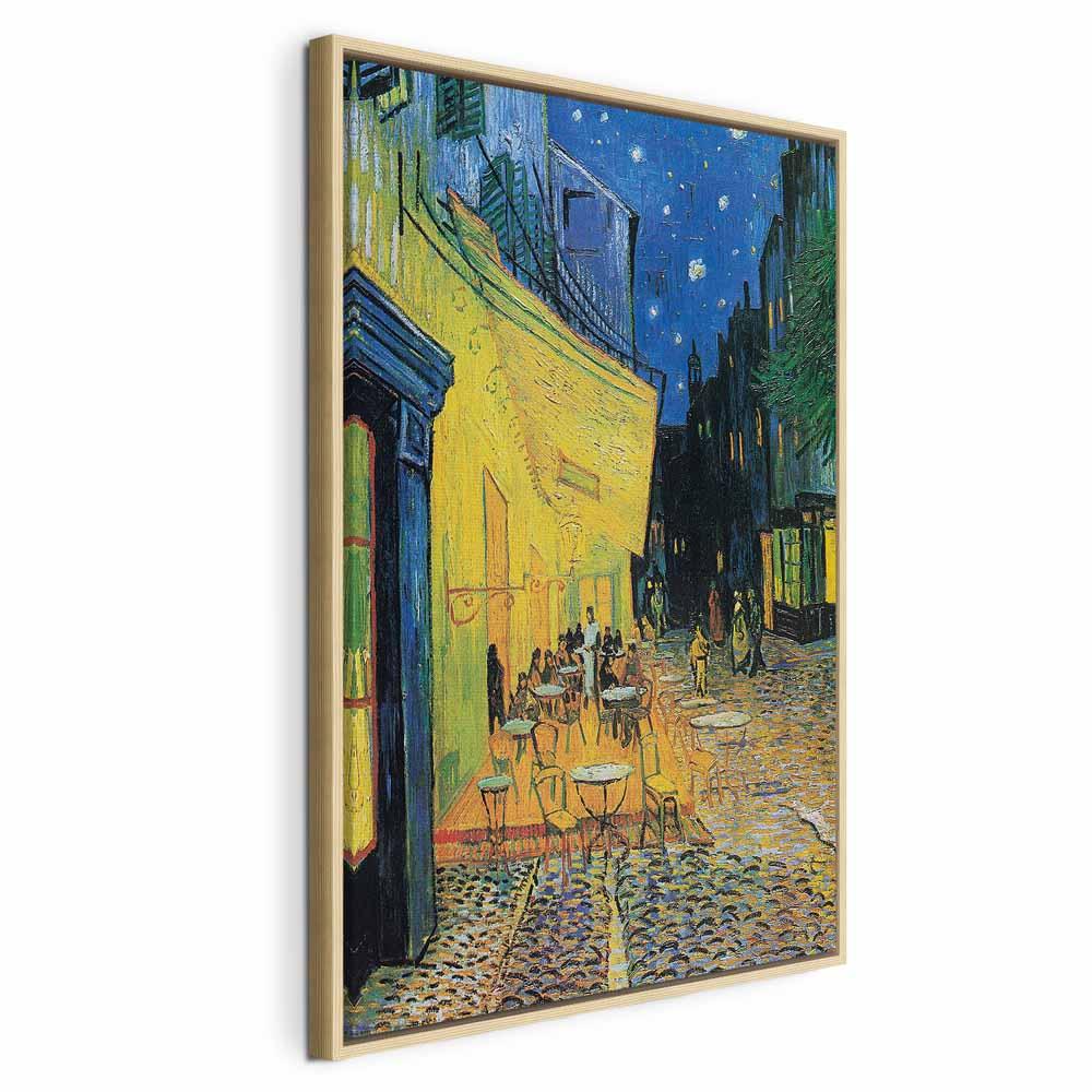 Billede på lærred med Vincent van Gogh-motivet Caféterrasse om natten - vægdekoration reproduktion - 40 x 60 cm - I en naturlig træramme