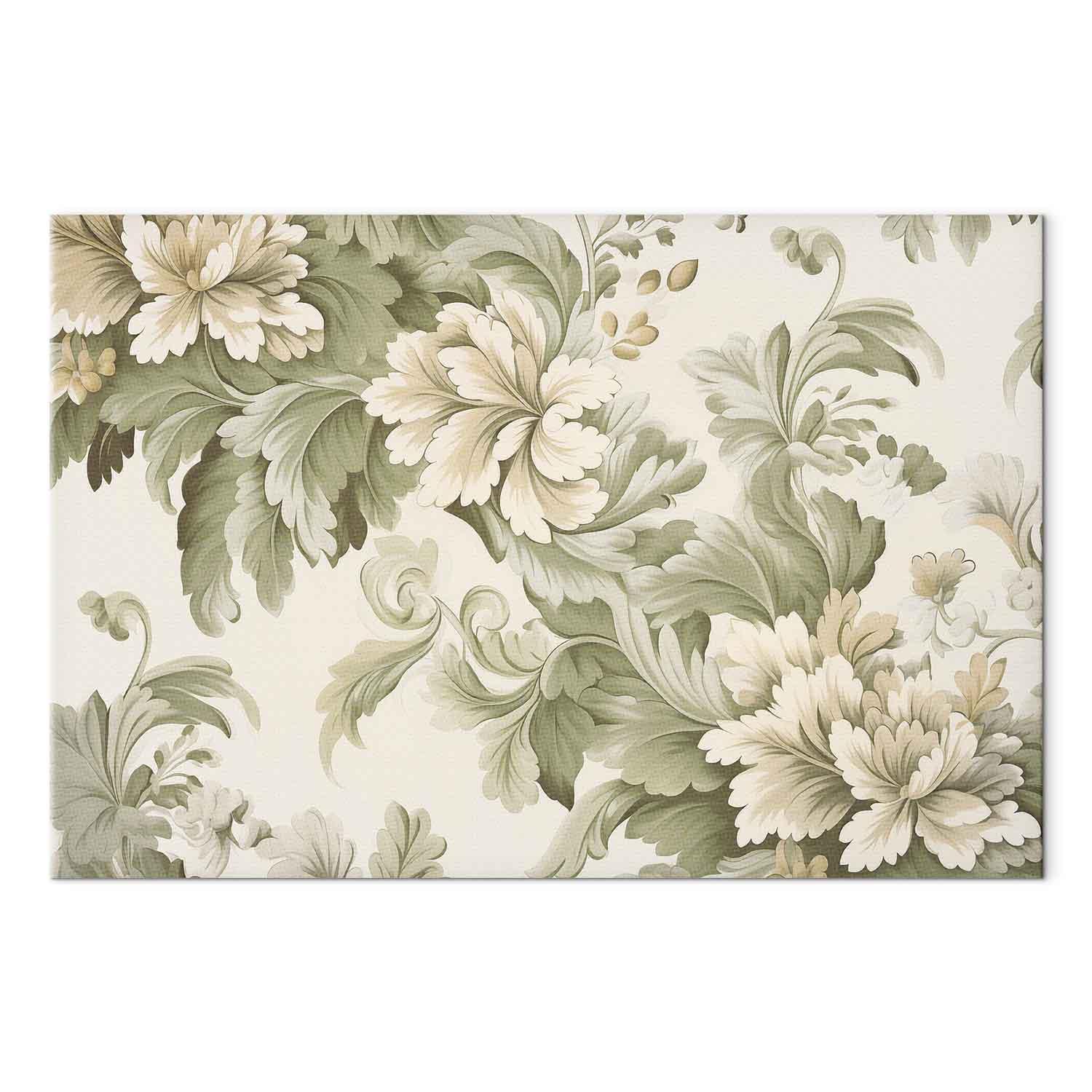 Lærredsbillede med retro vintage blomster i creme og grøn - flere størrelser - 90 x 60 cm - Premium Print