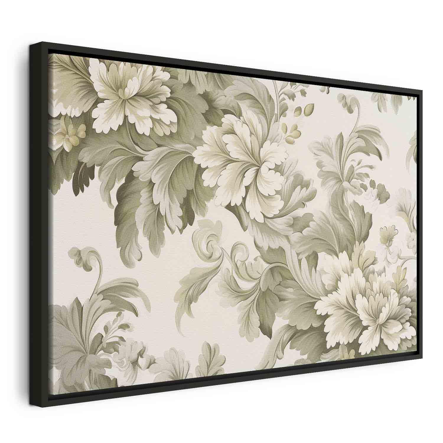 Lærredsbillede med retro vintage blomster i creme og grøn - flere størrelser - 120 x 80 cm - I en sort træramme