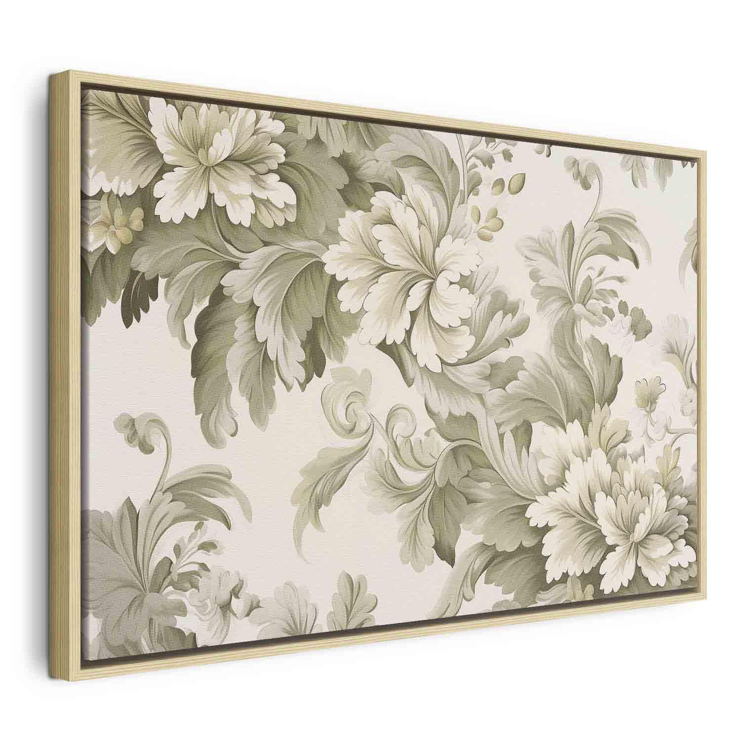 Lærredsbillede med retro vintage blomster i creme og grøn - flere størrelser - 120 x 80 cm - I en naturlig træramme