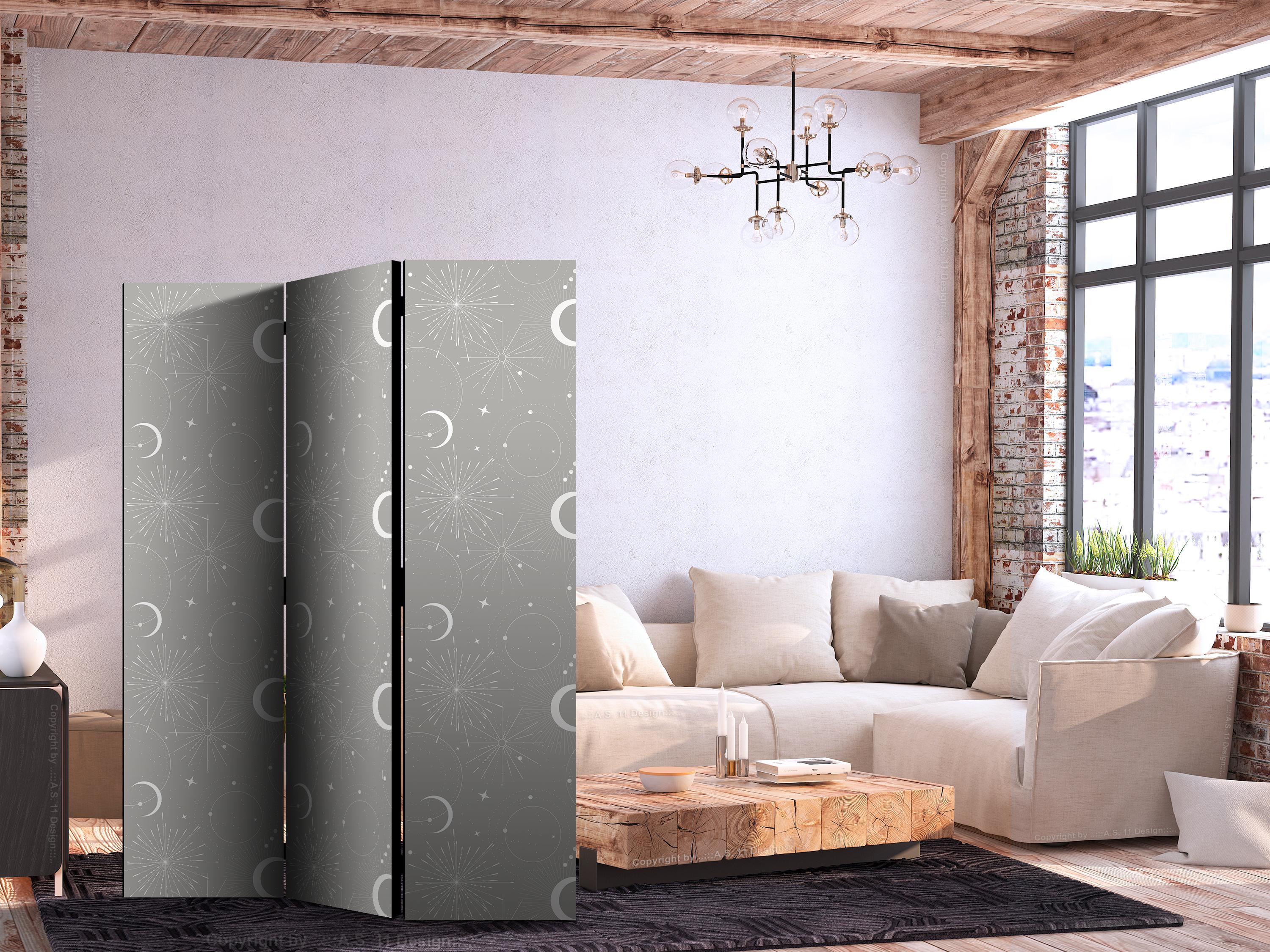 3-panels skærmvæg Cosmic Fireworks - grå rumdeler med måner og stjerner, 135 × 172 cm - 135 x 172 cm - Dobbeltsiddet billede