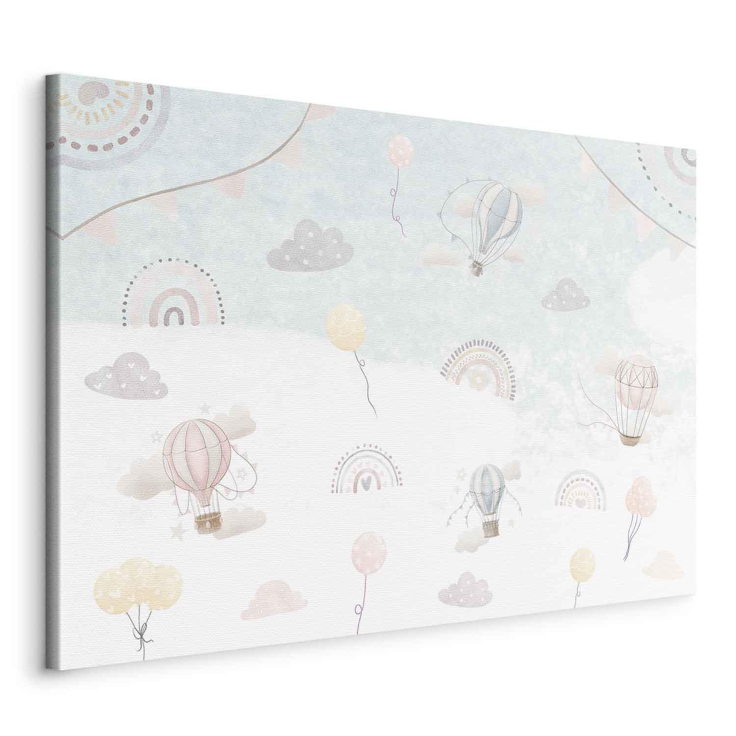 Lærredsbillede Sky med balloner i dæmpede farver til børneværelse - 90 x 60 cm - På italiensk lærred billede