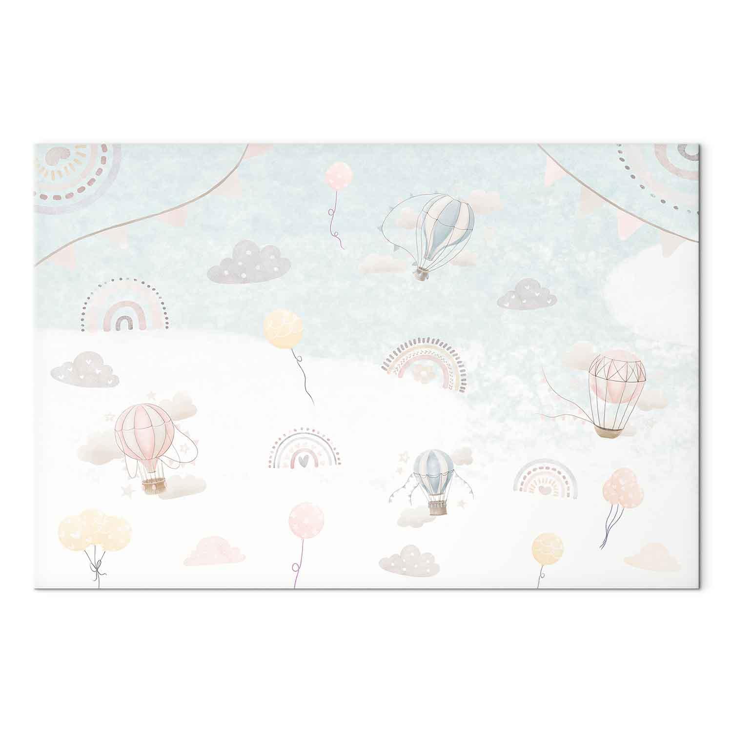 Lærredsbillede Sky med balloner i dæmpede farver til børneværelse - 90 x 60 cm - Premium Print billede