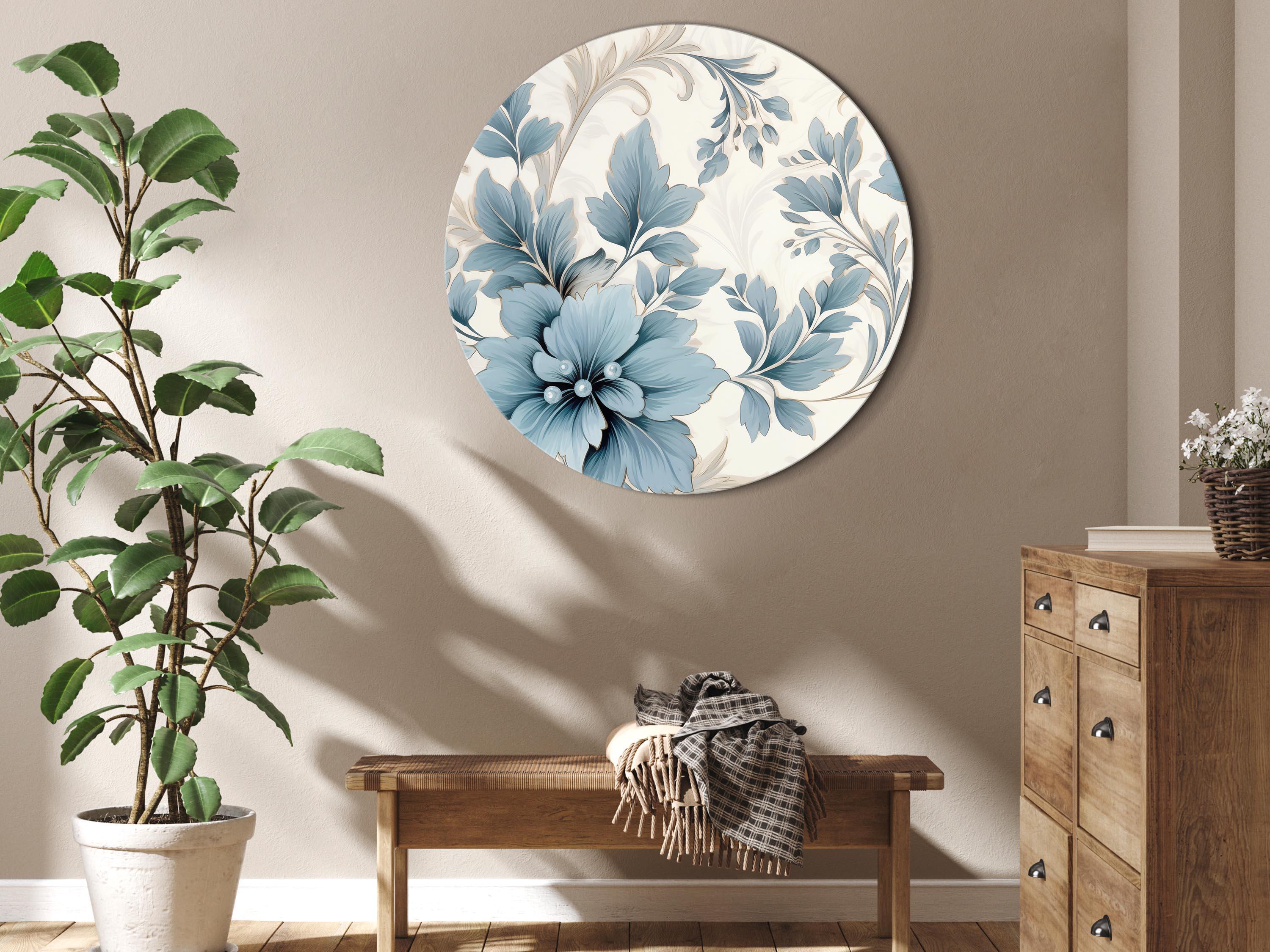 Rundt lærredsprint med turkise blomster i retro stil - vægdekoration på lærred i flere størrelser - 80 x 80 cm