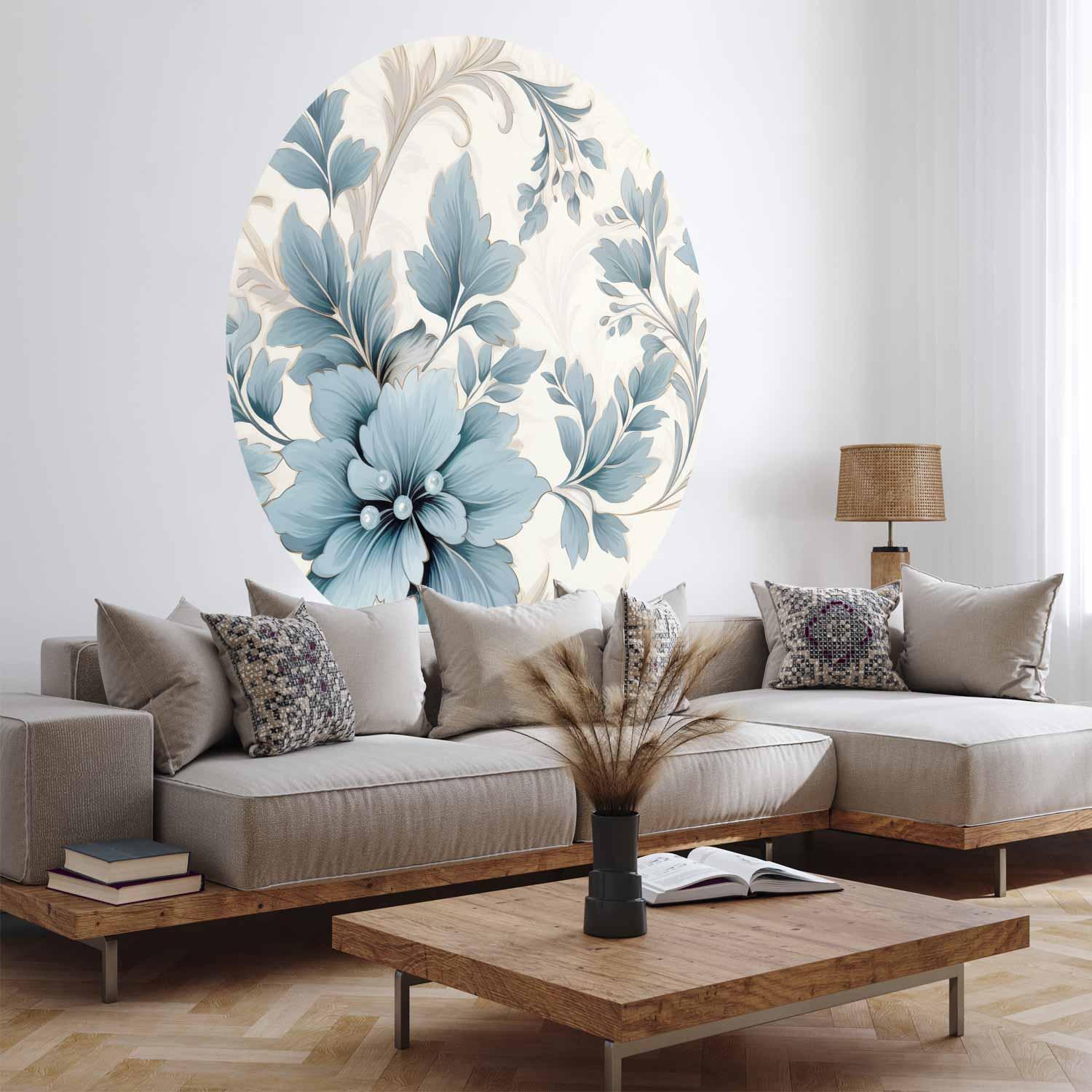 Rundt fototapet med turkise ornamentale retroblomster - 140 x 140 cm billede