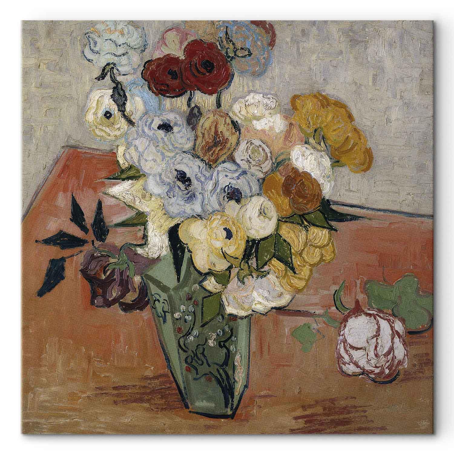 Vincent van Gogh billede på lærred - Stilleben med japansk vase, roser og anemoner - 40 x 40 cm - Premium Print billede