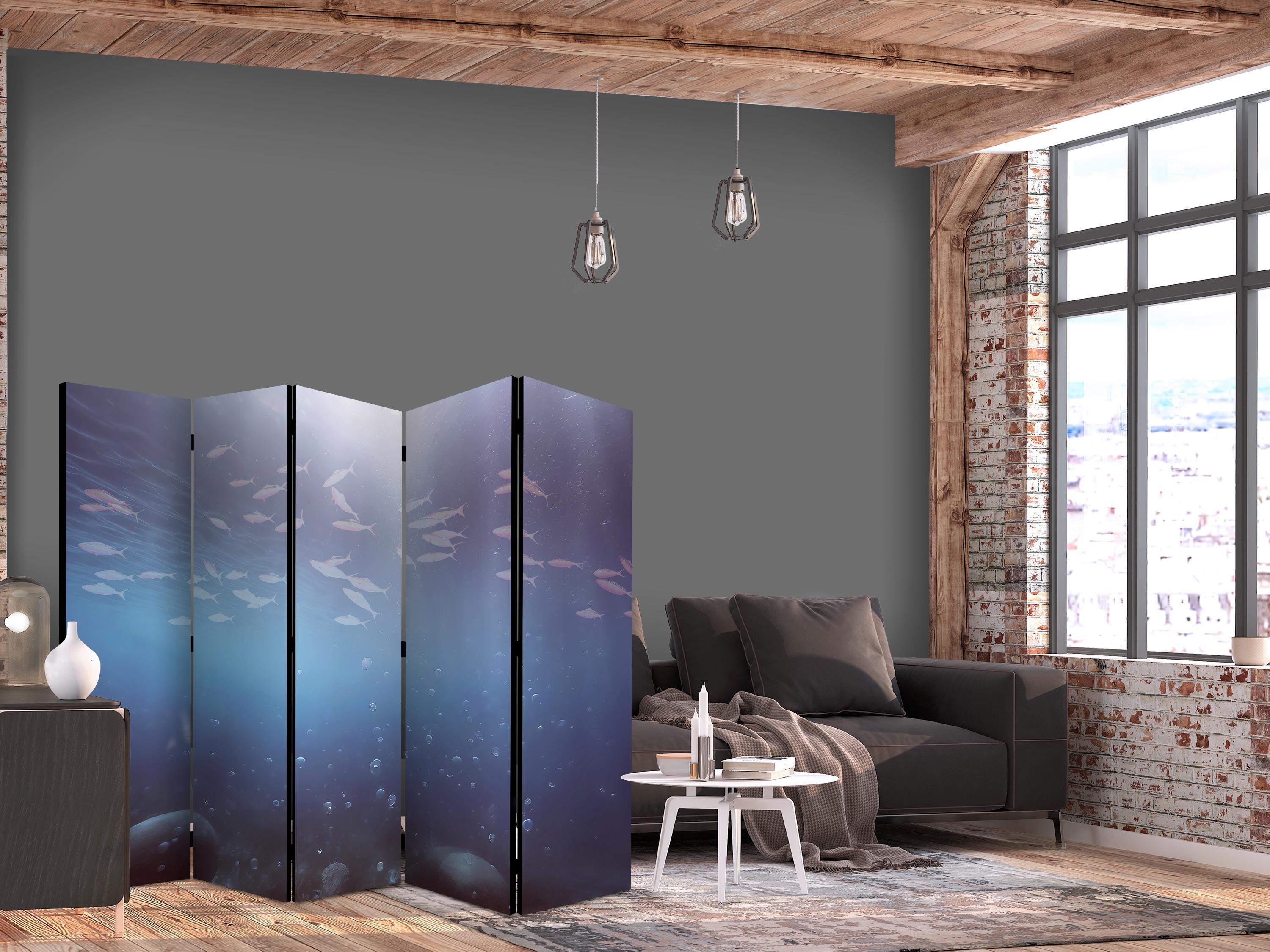 Skærmvæg med små fisk 225 x 172 cm - 5-panel rumdeler - 225 x 172 cm - Akustik billede