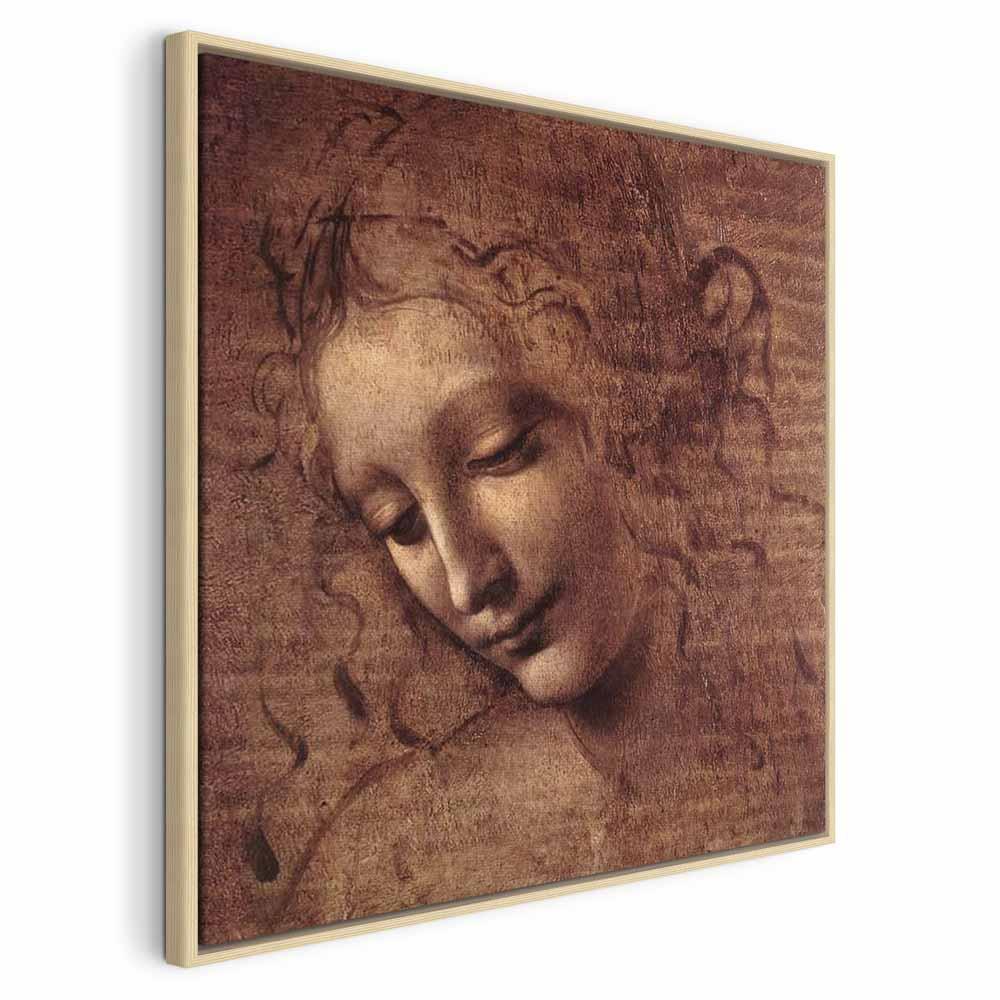 Leonardo da Vinci billede på lærred - Hoved af en ung kvinde Leda - 40 x 40 cm - I en naturlig træramme billede