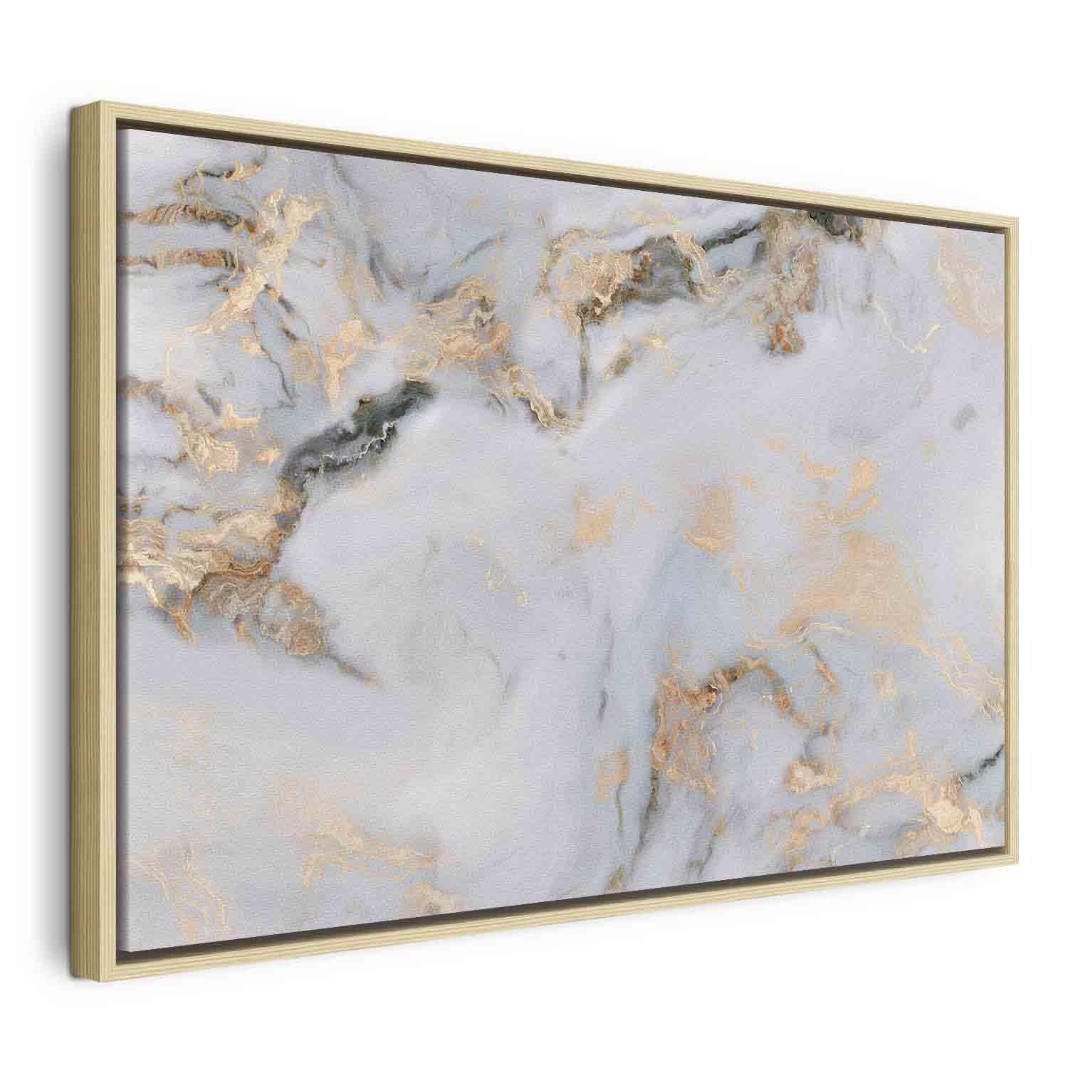 Lærredsbillede White Stone - elegant marmorbillede med gyldne refleksioner - 120 x 80 cm - I en naturlig træramme billede