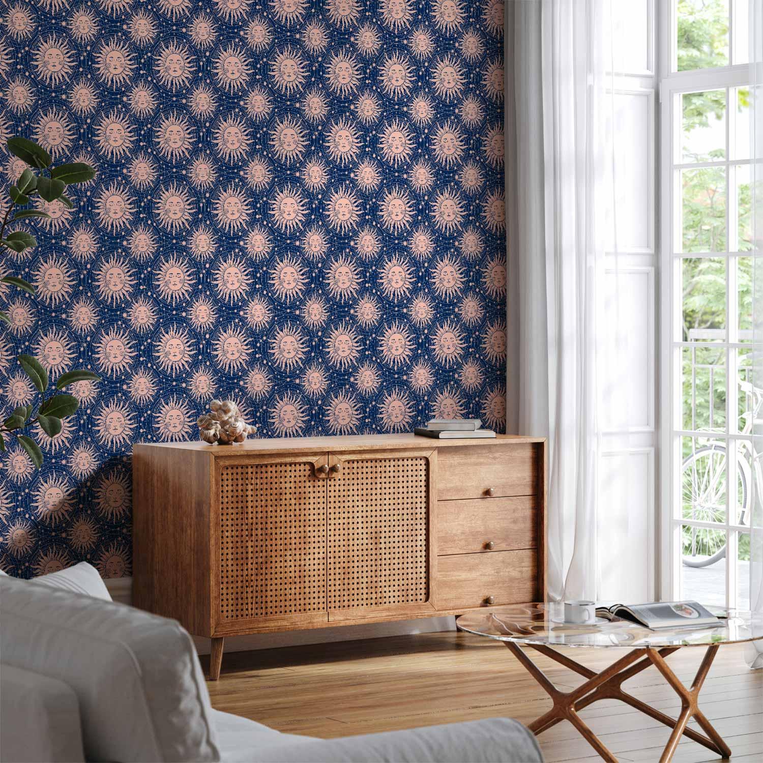 Tapet Sunny Patterns - solmotiv på marineblå baggrund - 49 x 1000 cm - Selvklæbende