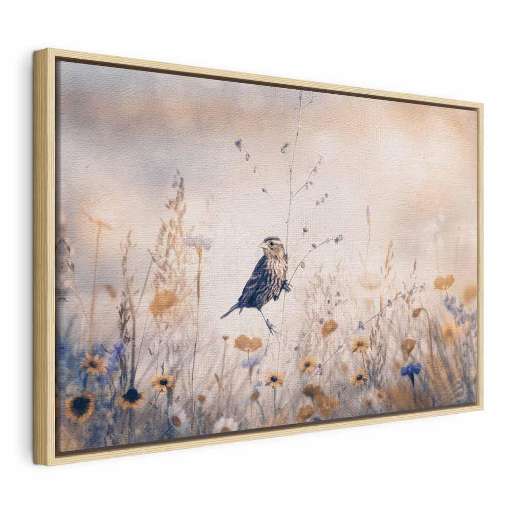 Lærredsbillede August Melody med fugl og blomster - 60 x 40 cm - I en naturlig træramme billede