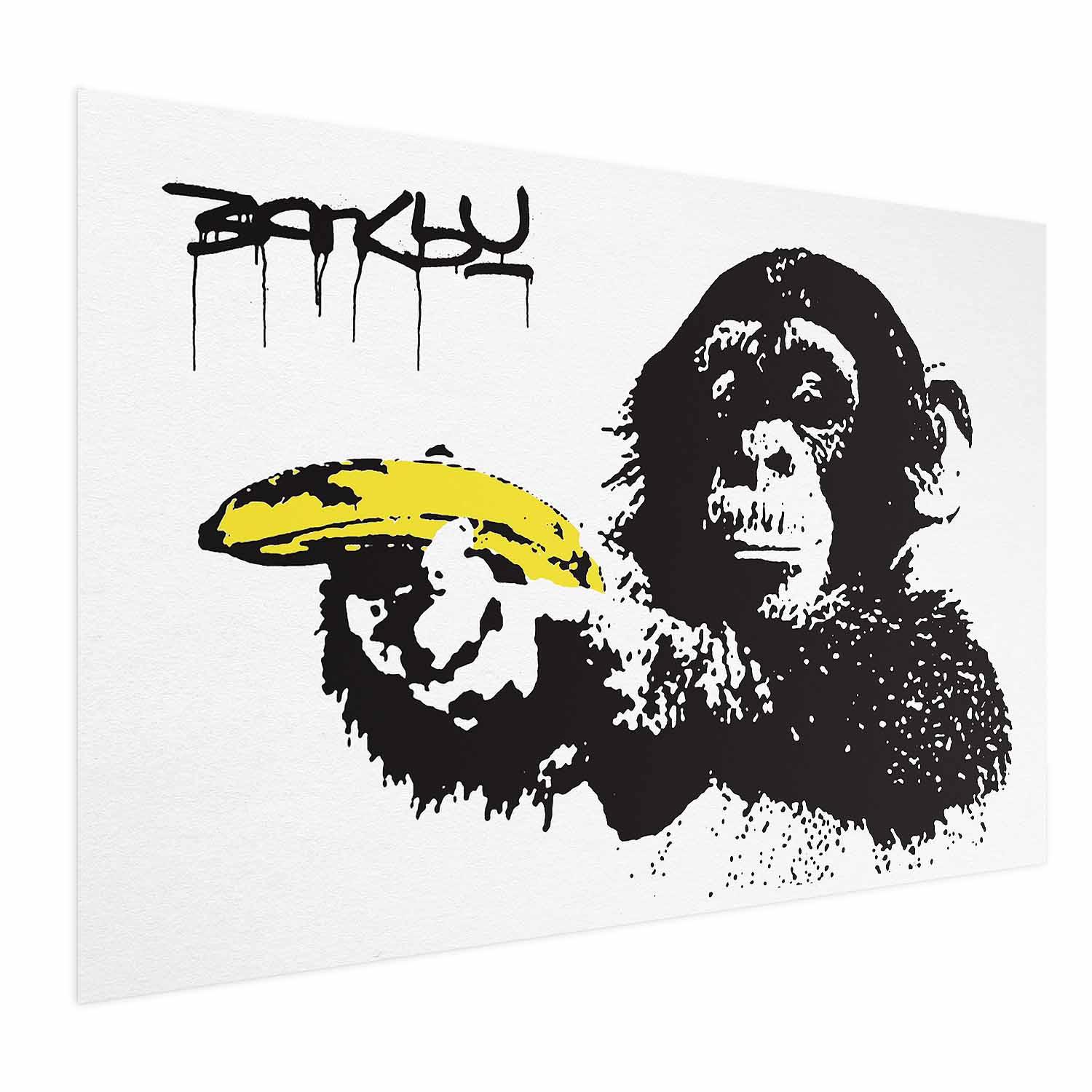 Gadekunst plakat - Banana Gun med chimpanse og bananmotiv, fås med eller uden ramme i flere størrelser - 60 x 40 cm - Uden ramme