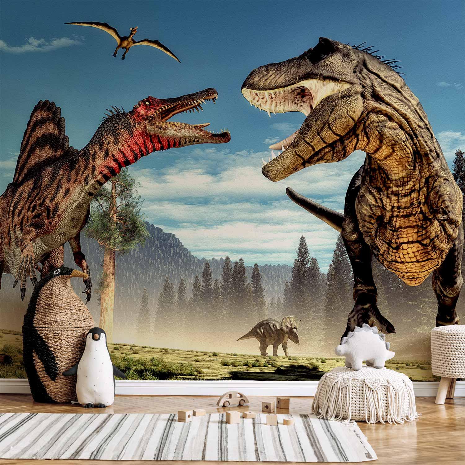 Fototapet med kæmpende dinosaurer til børneværelse - 400 x 280 cm - Vandtæt billede