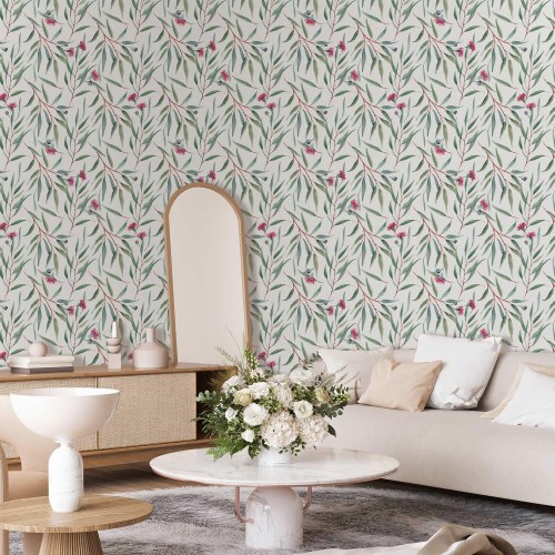 Tapet med pink blomsterknopper og bladmotiv