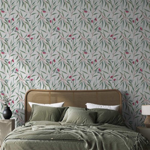 Tapet med pink blomsterknopper og bladmotiv