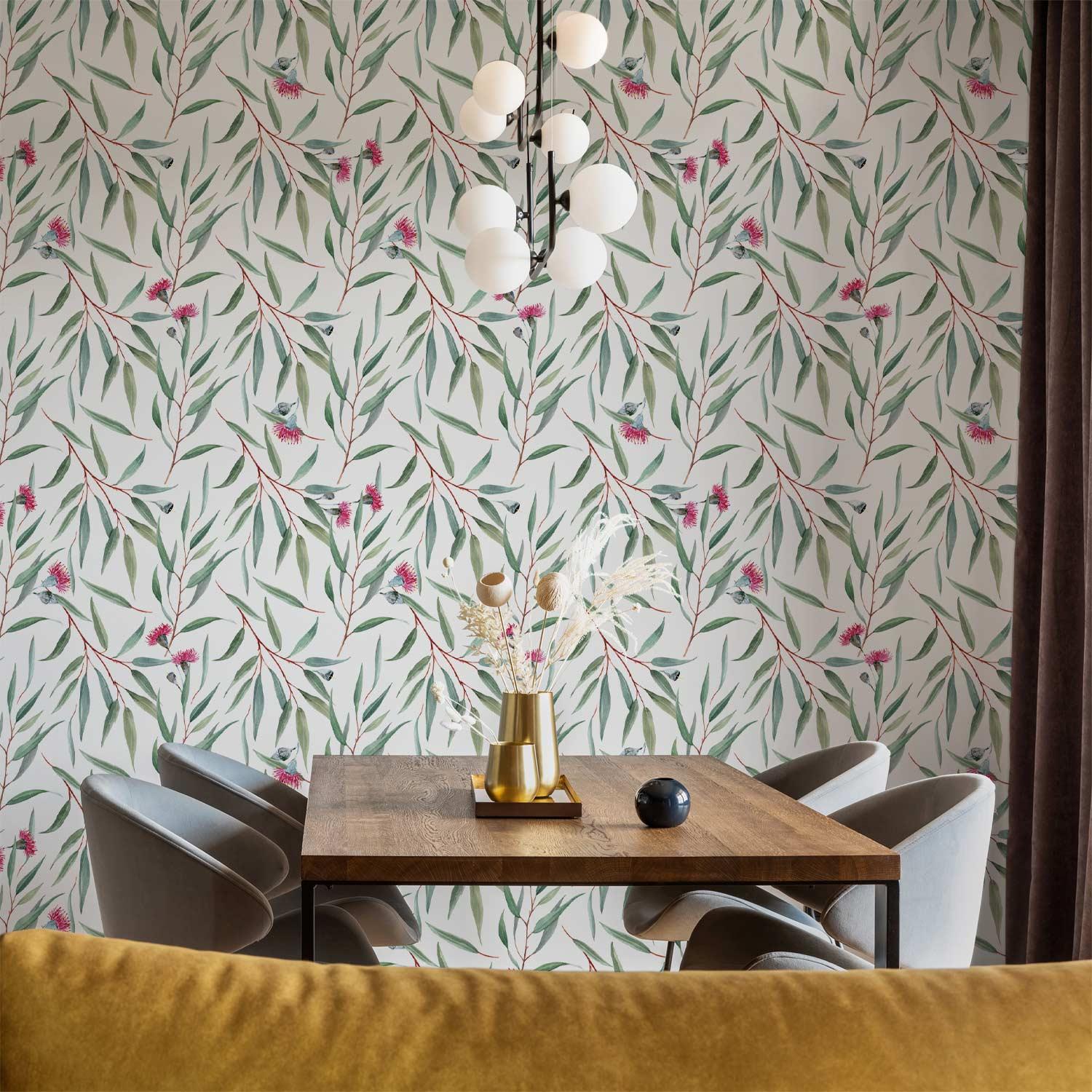 Tapet med pink blomsterknopper og bladmotiv - 50 x 1000 cm - Vandtæt billede