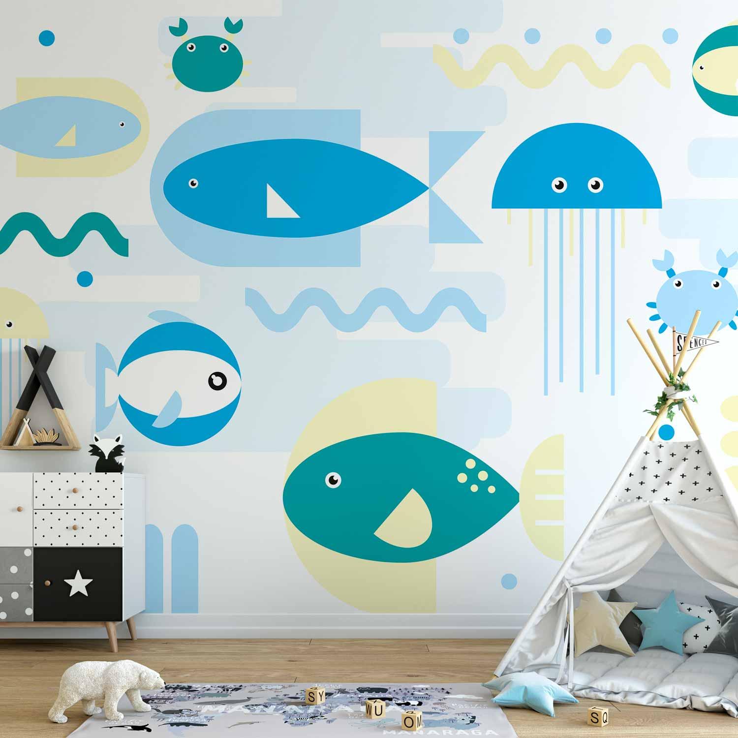 Fototapet til børn med havdyr og geometriske fisk i blå nuancer - 100 x 70 cm - Standard