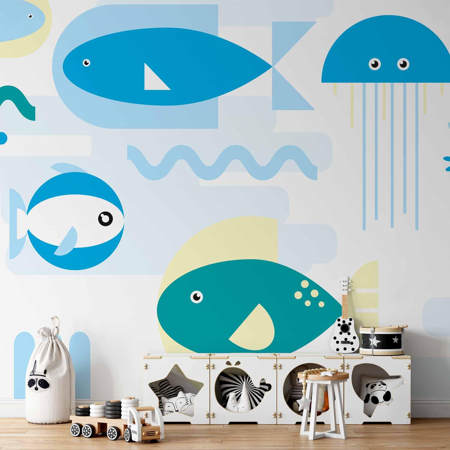 Fototapet til børn med havdyr og geometriske fisk i blå nuancer - 400 x 280 cm - Vandtæt