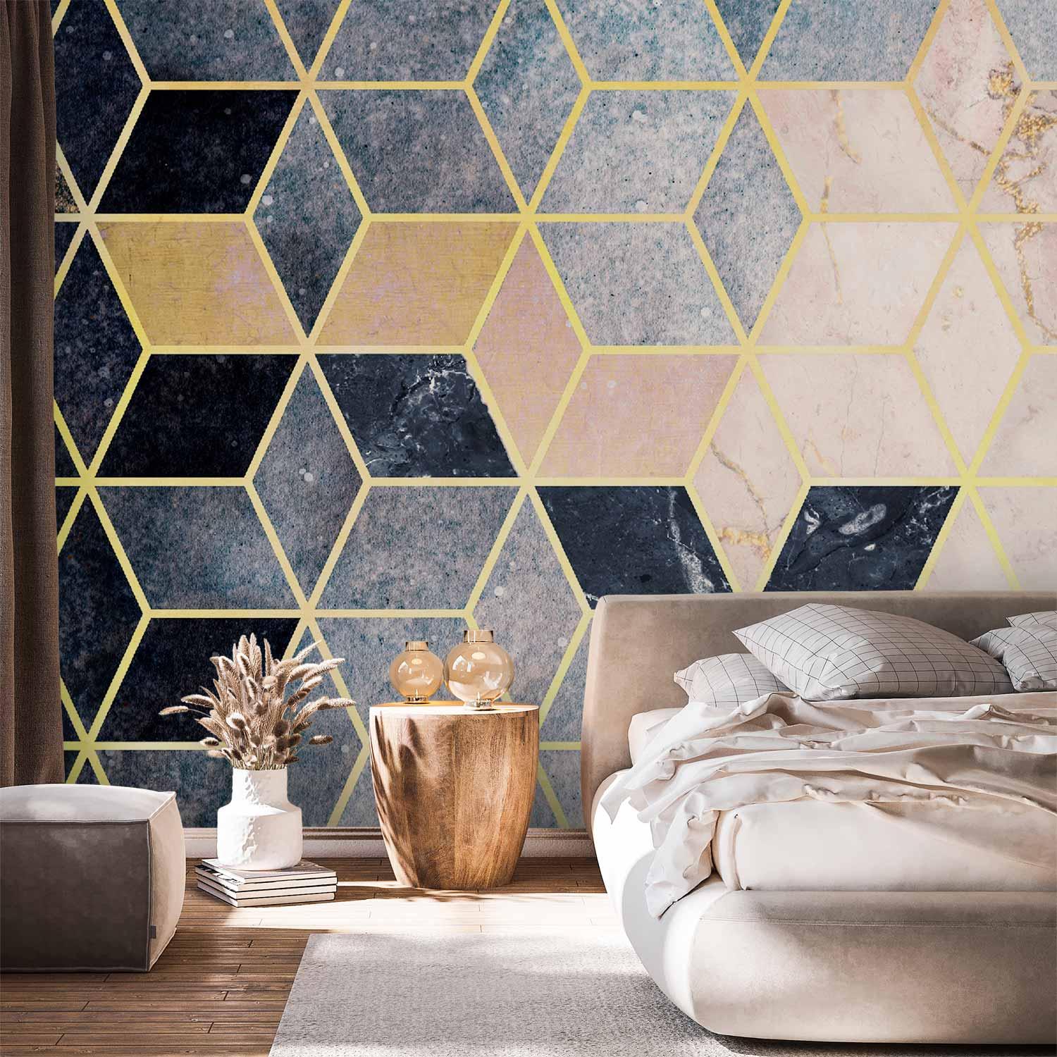 Fototapet - Blåt geometrisk mønster til væg med abstrakt design - 500 x 350 cm - Standard