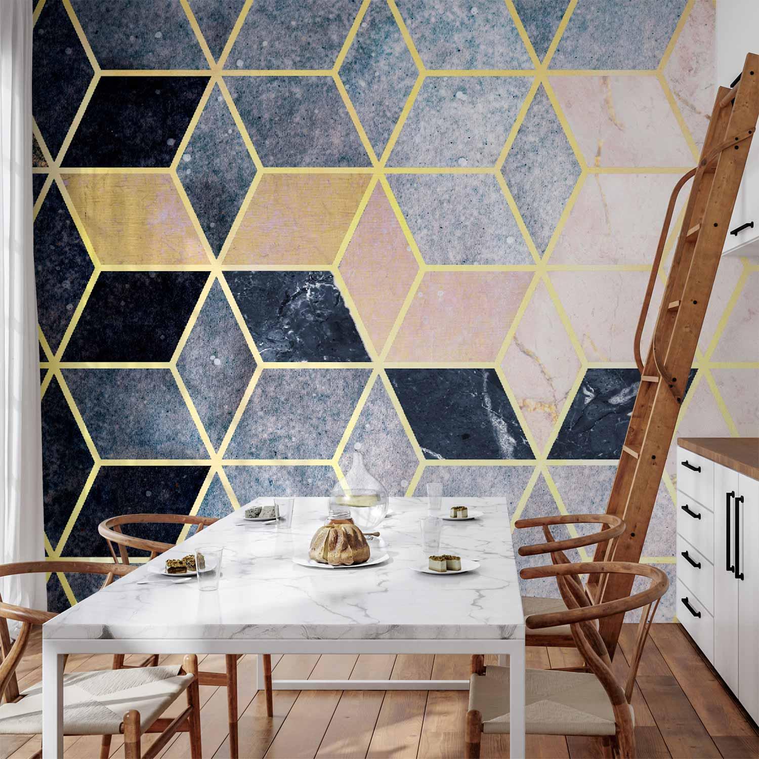 Fototapet - Blåt geometrisk mønster til væg med abstrakt design - 500 x 350 cm - Vandtæt