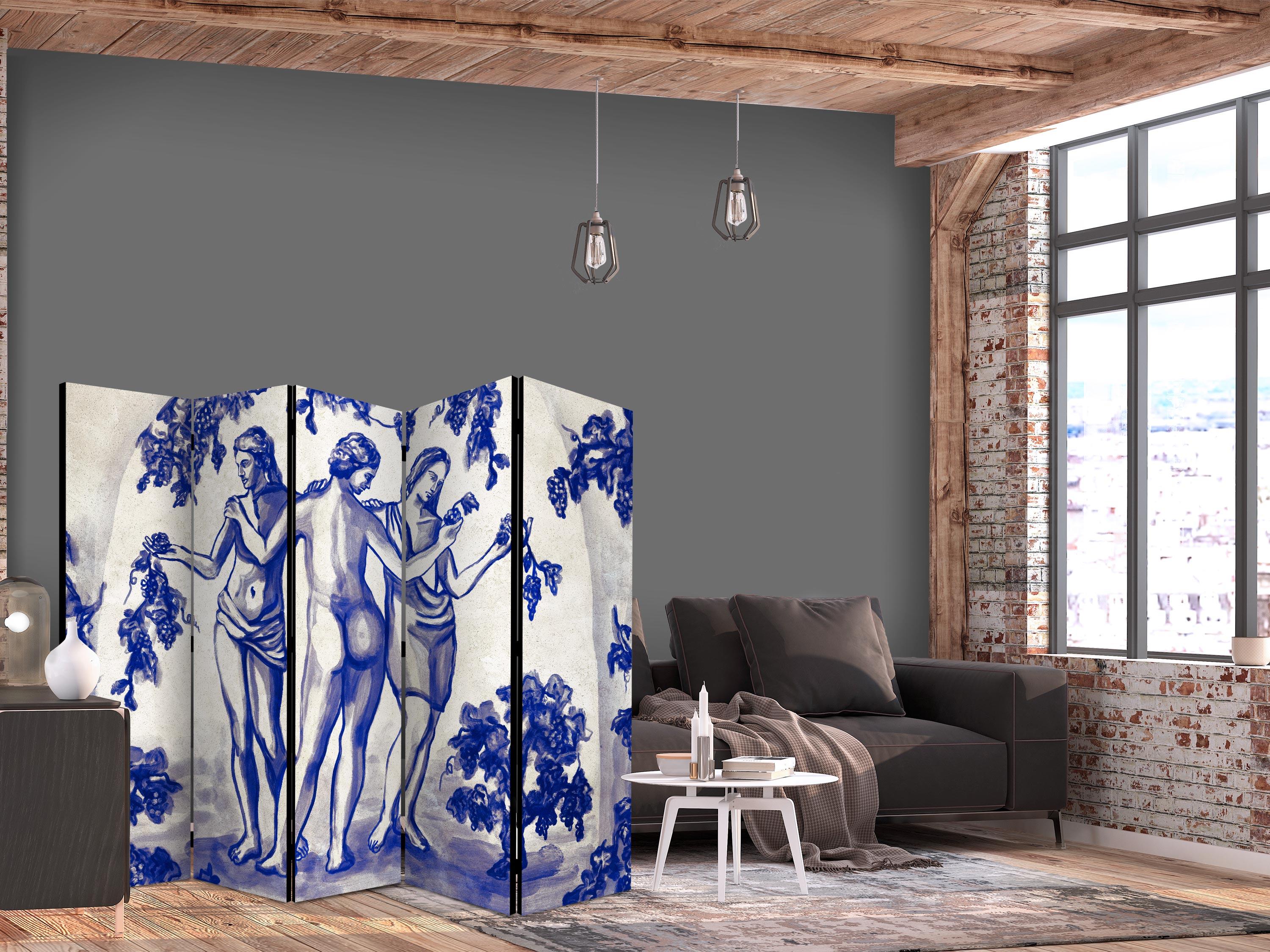 5-panels skærmvæg - Three Graces - kvinder blandt vinstokke, inspireret af antikt maleri, 225 x 172 cm - 225 x 172 cm - Akustik