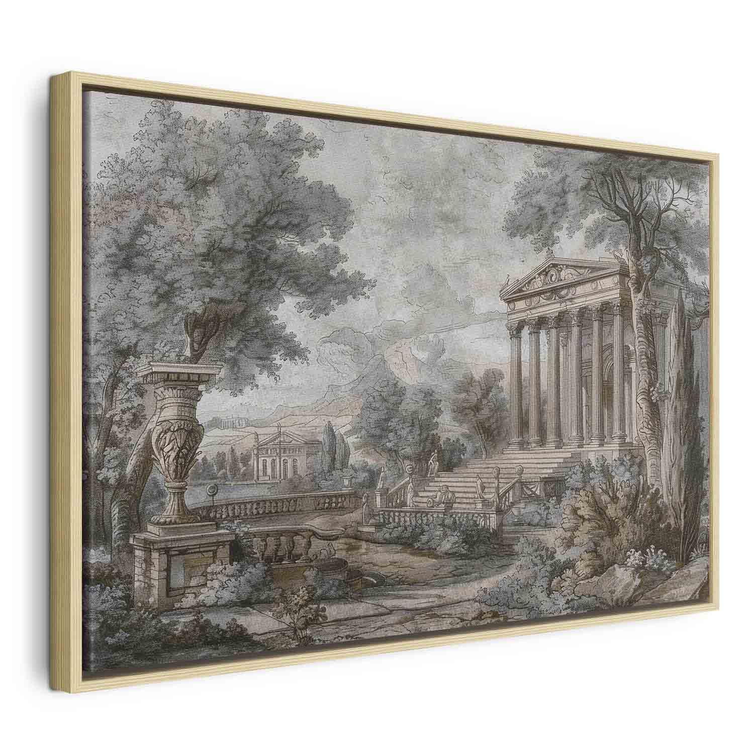 Lærredsbillede - Tempel på en bakke med græsk arkitektur i afdæmpede farver til vægdekoration - 120 x 80 cm - I en naturlig træramme