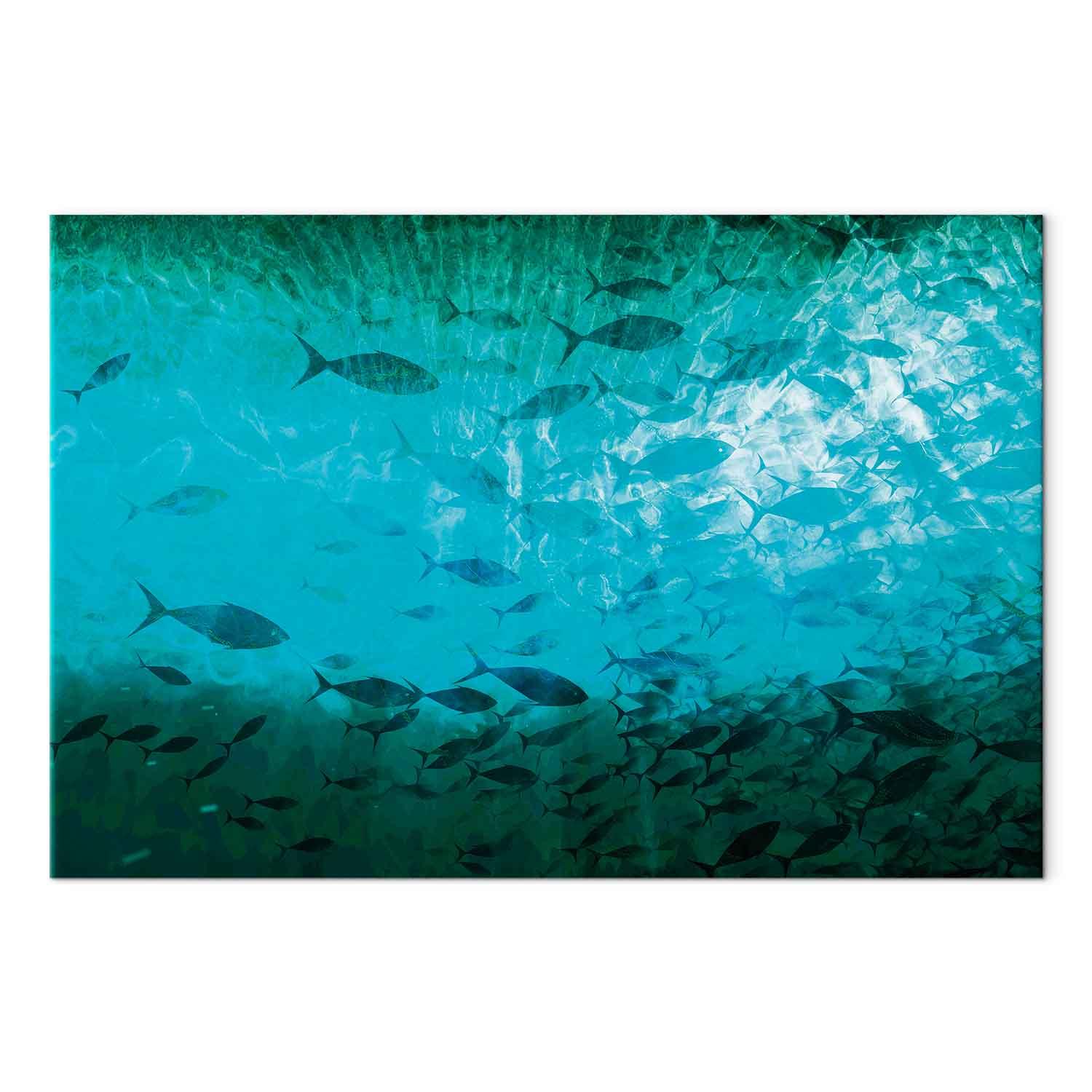 Lærredsbillede med stime af mørke fisk - vægdekoration med undervandsmotiv - 90 x 60 cm - Akustisk