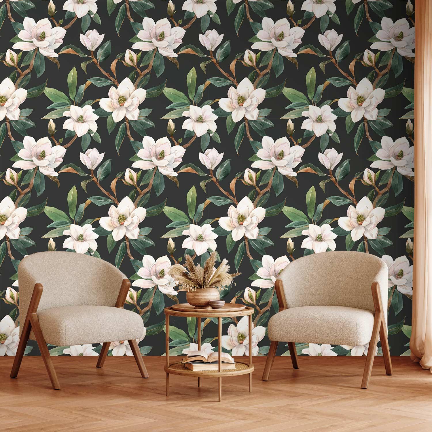 Tapet - Hvide magnoliaer, blomstret fototapet i non-woven - 50 x 1000 cm - Standard