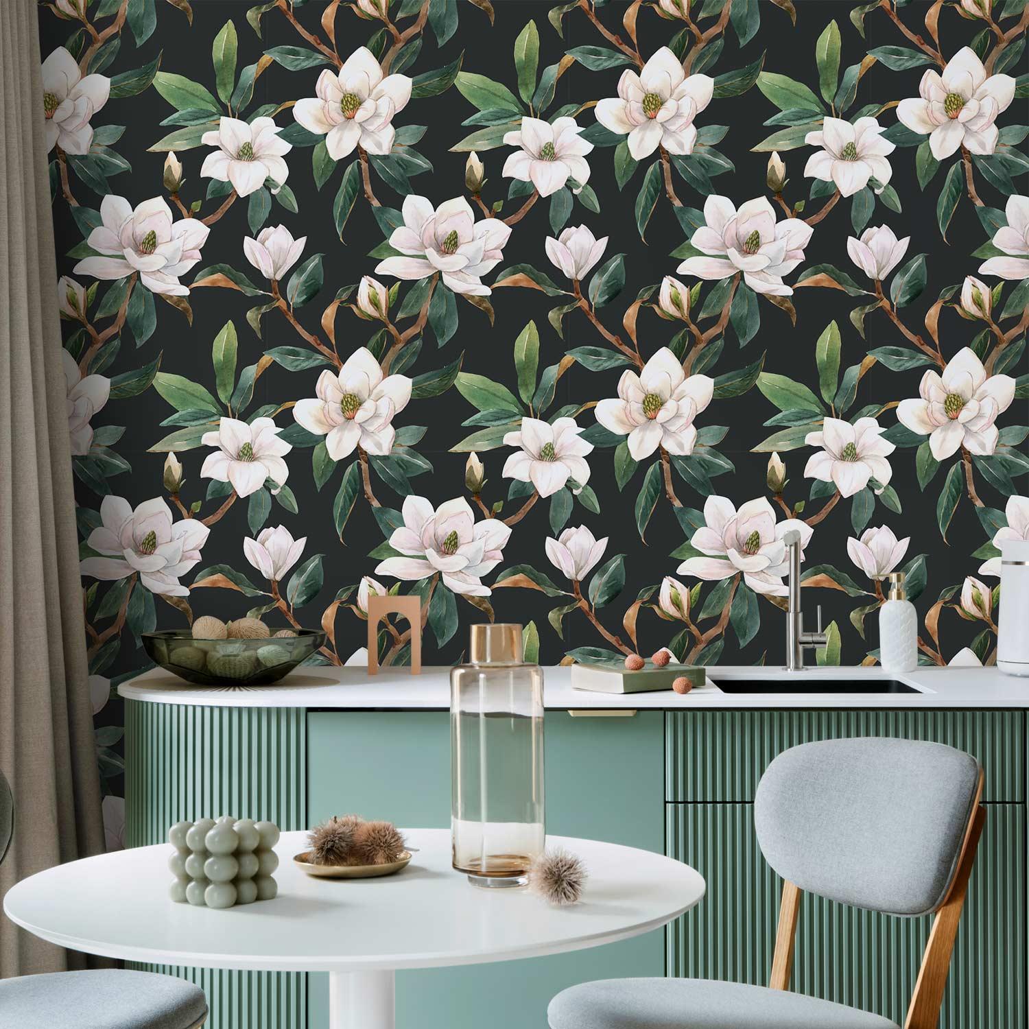 Tapet - Hvide magnoliaer, blomstret fototapet i non-woven - 50 x 1000 cm - Vandtæt