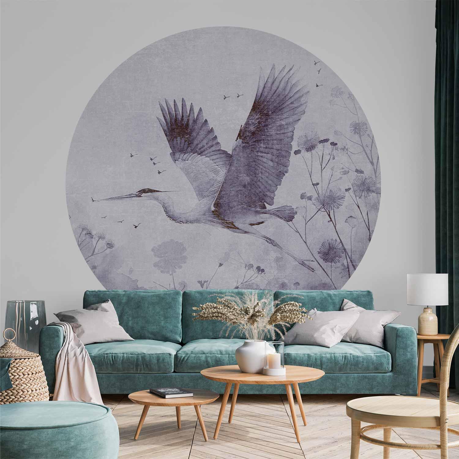 Rundt fototapet Majestætisk flugt - trane i flugt i monokromt design - 140 x 140 cm