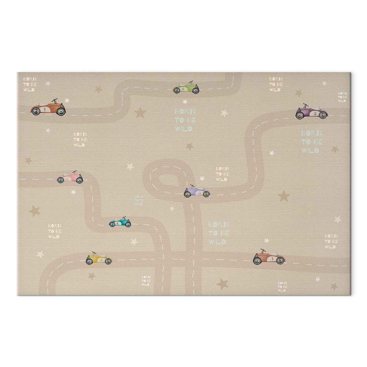 Billede på lærred til børn - farverige racerbiler på vej, beige - 90 x 60 cm - Akustisk