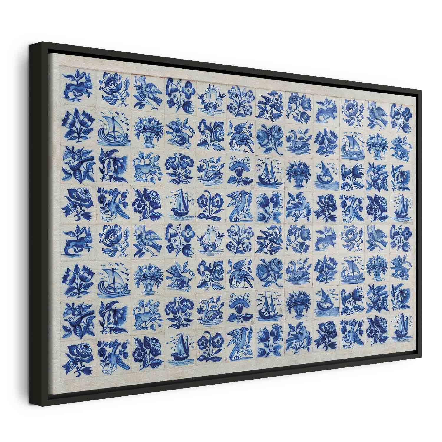 Lærredsbillede - Azulejos tiles - traditionelle portugisiske keramiske fliser - 120 x 80 cm - I en sort træramme