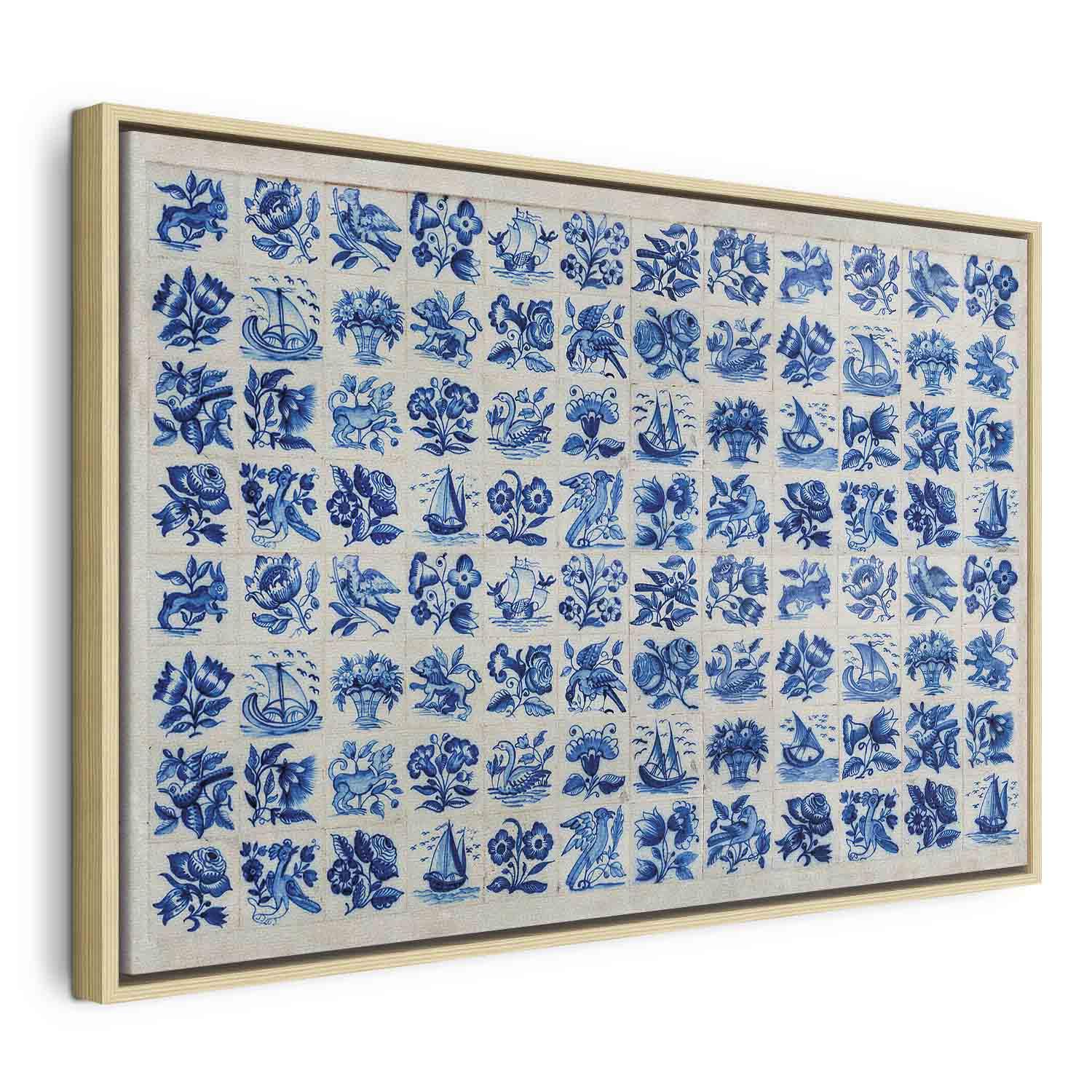 Lærredsbillede - Azulejos tiles - traditionelle portugisiske keramiske fliser - 120 x 80 cm - I en naturlig træramme