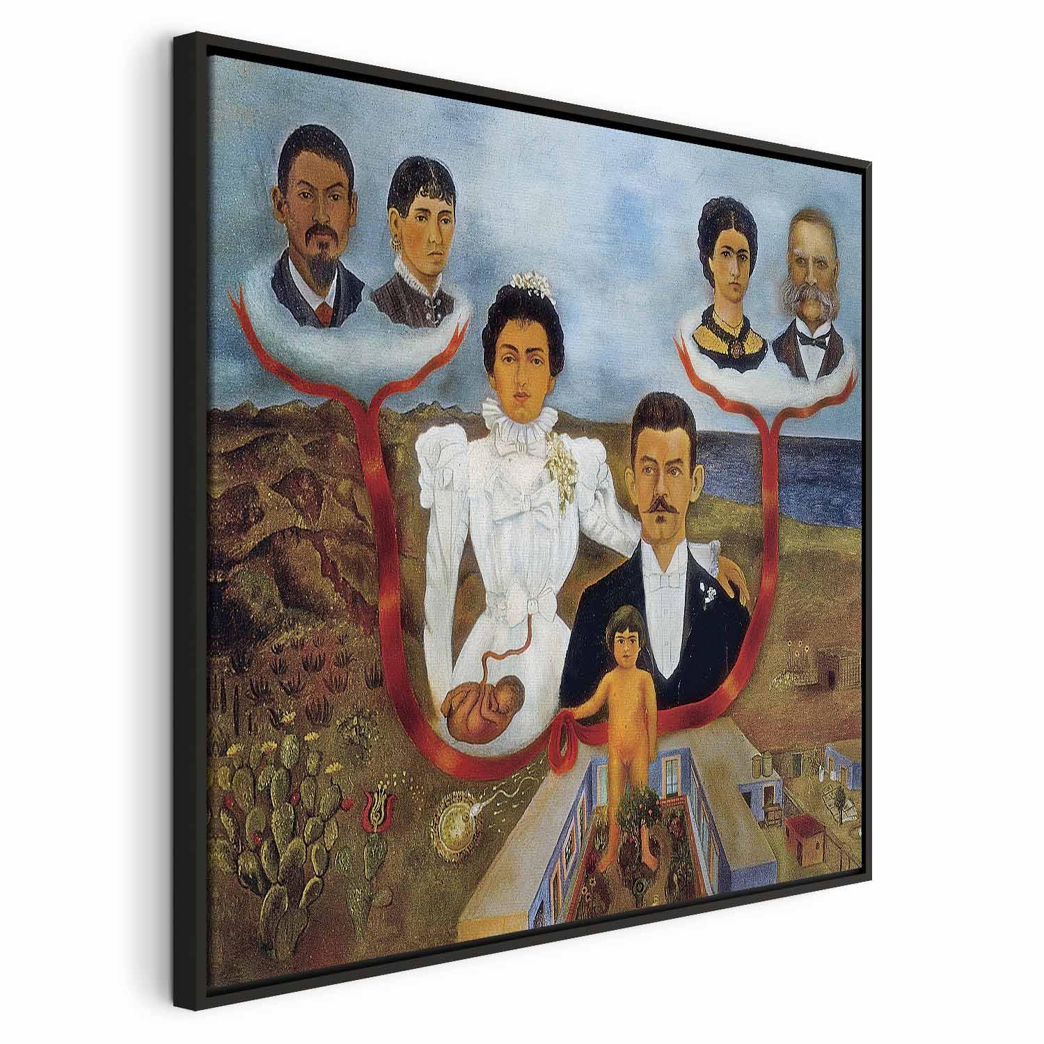 Frida Kahlo billede på lærred - Mine bedsteforældre, mine forældre og jeg - 40 x 40 cm - I en sort træramme billede