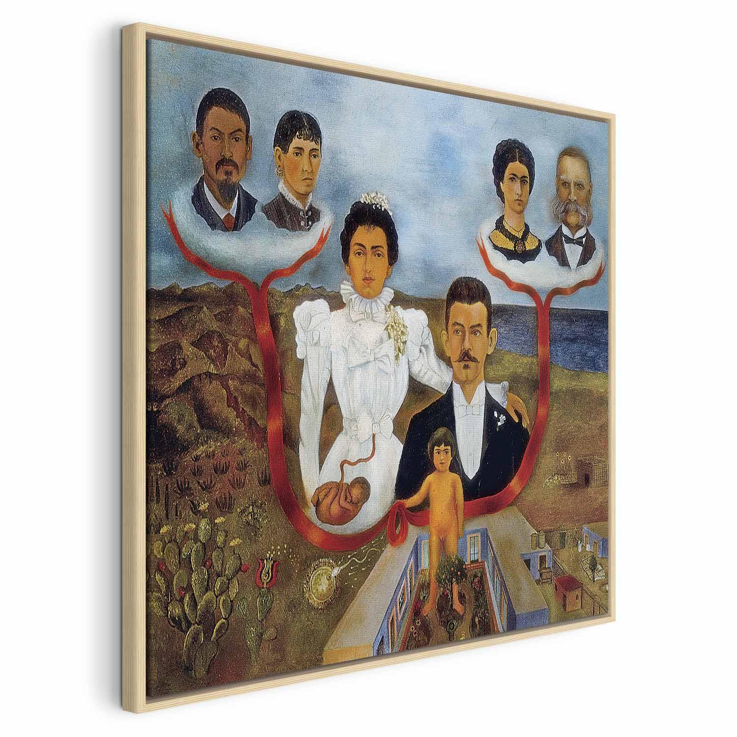 Frida Kahlo billede på lærred - Mine bedsteforældre, mine forældre og jeg - 40 x 40 cm - I en naturlig træramme billede